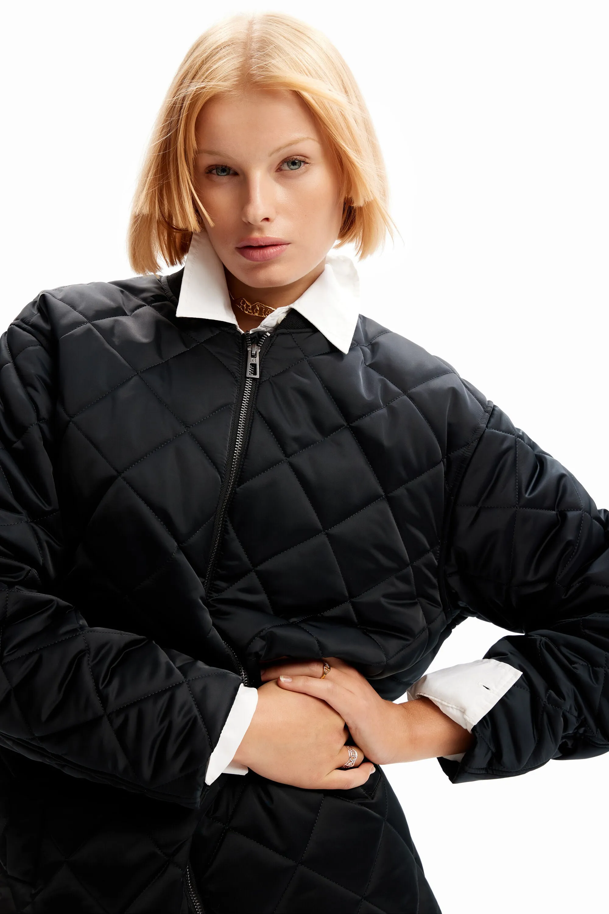 Long Padded Bomber Jacket - Negro