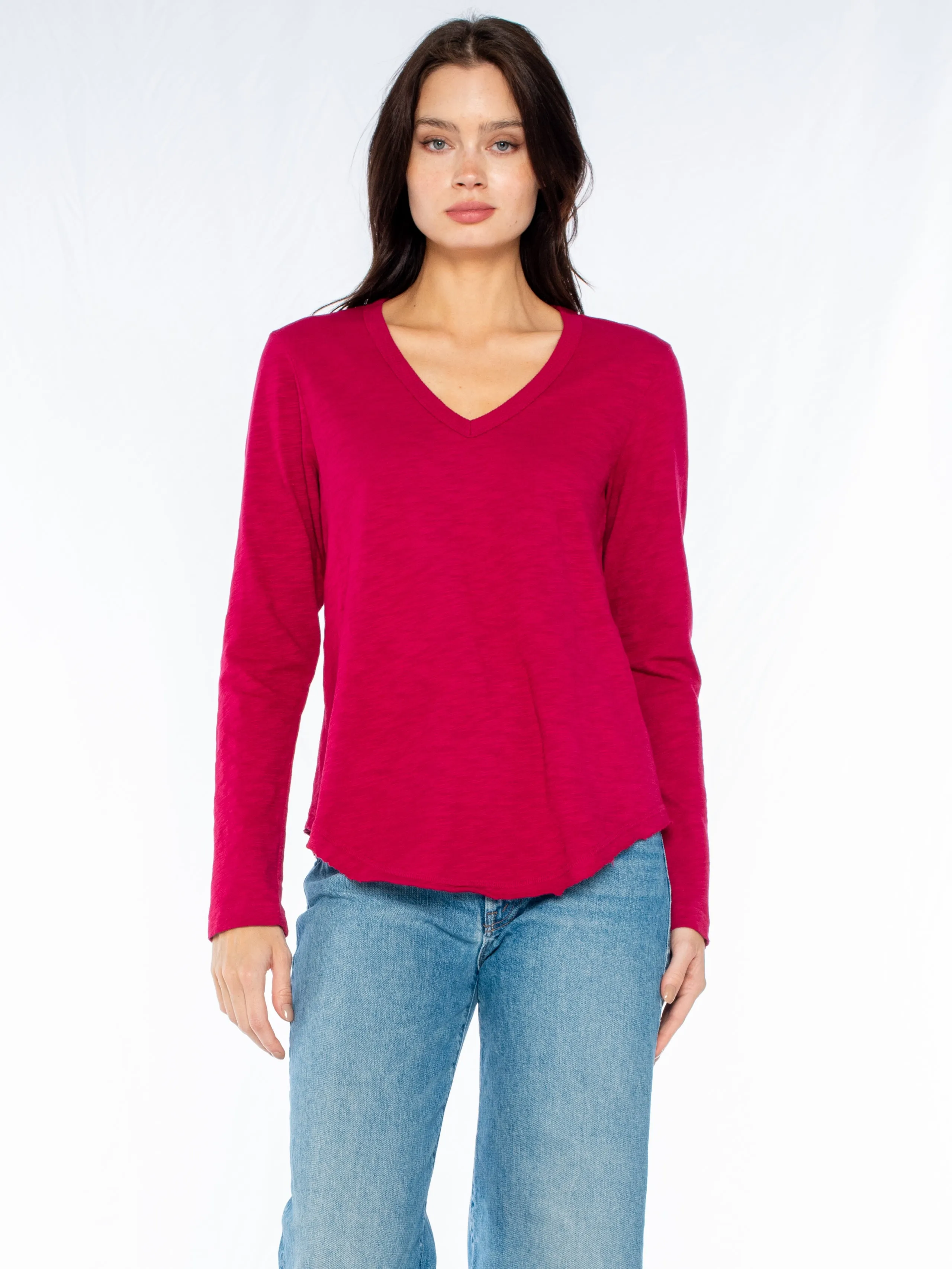 Long Sleeve V-Neck w/ Raw Hem Shirttail
