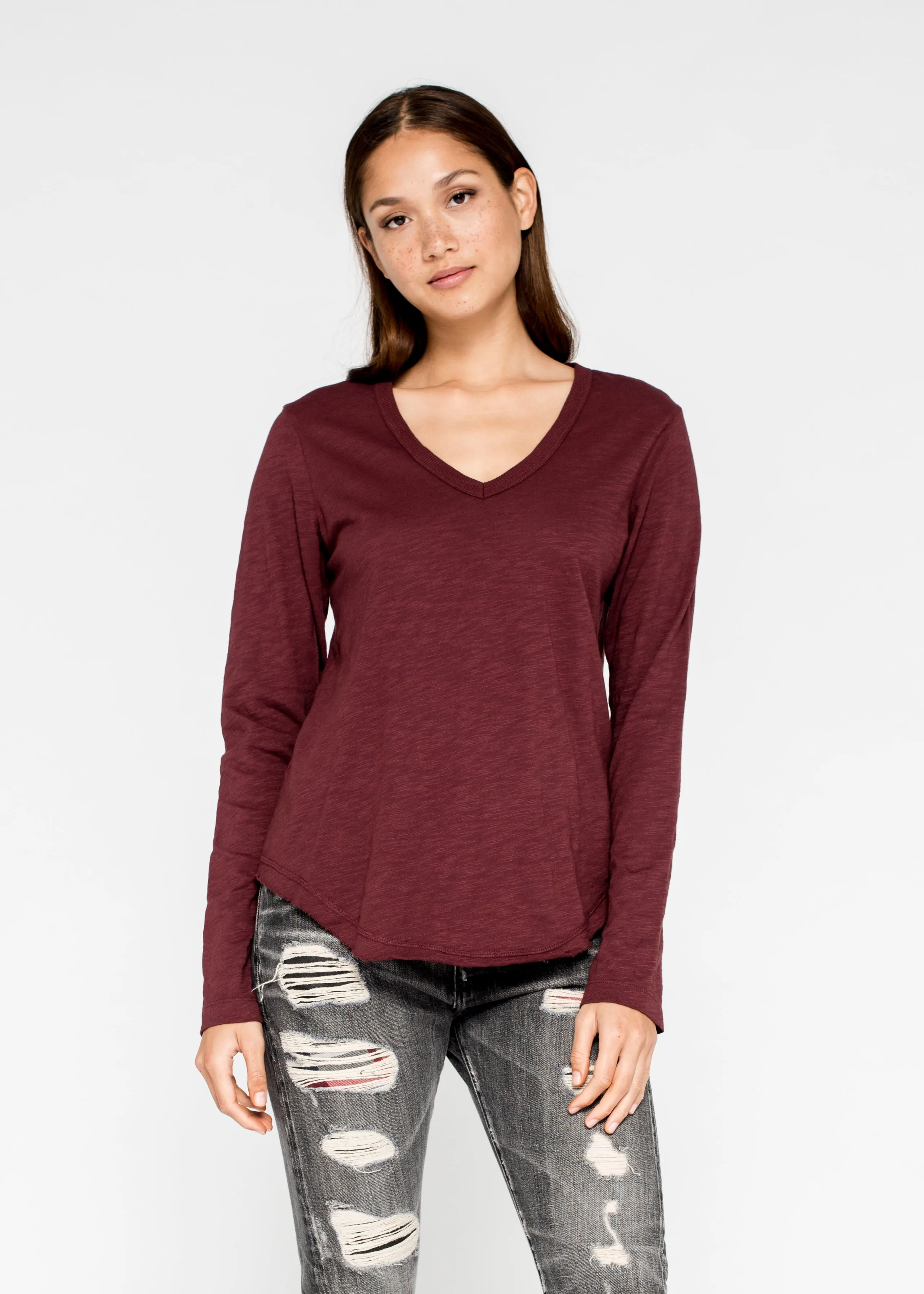 Long Sleeve V-Neck w/ Raw Hem Shirttail