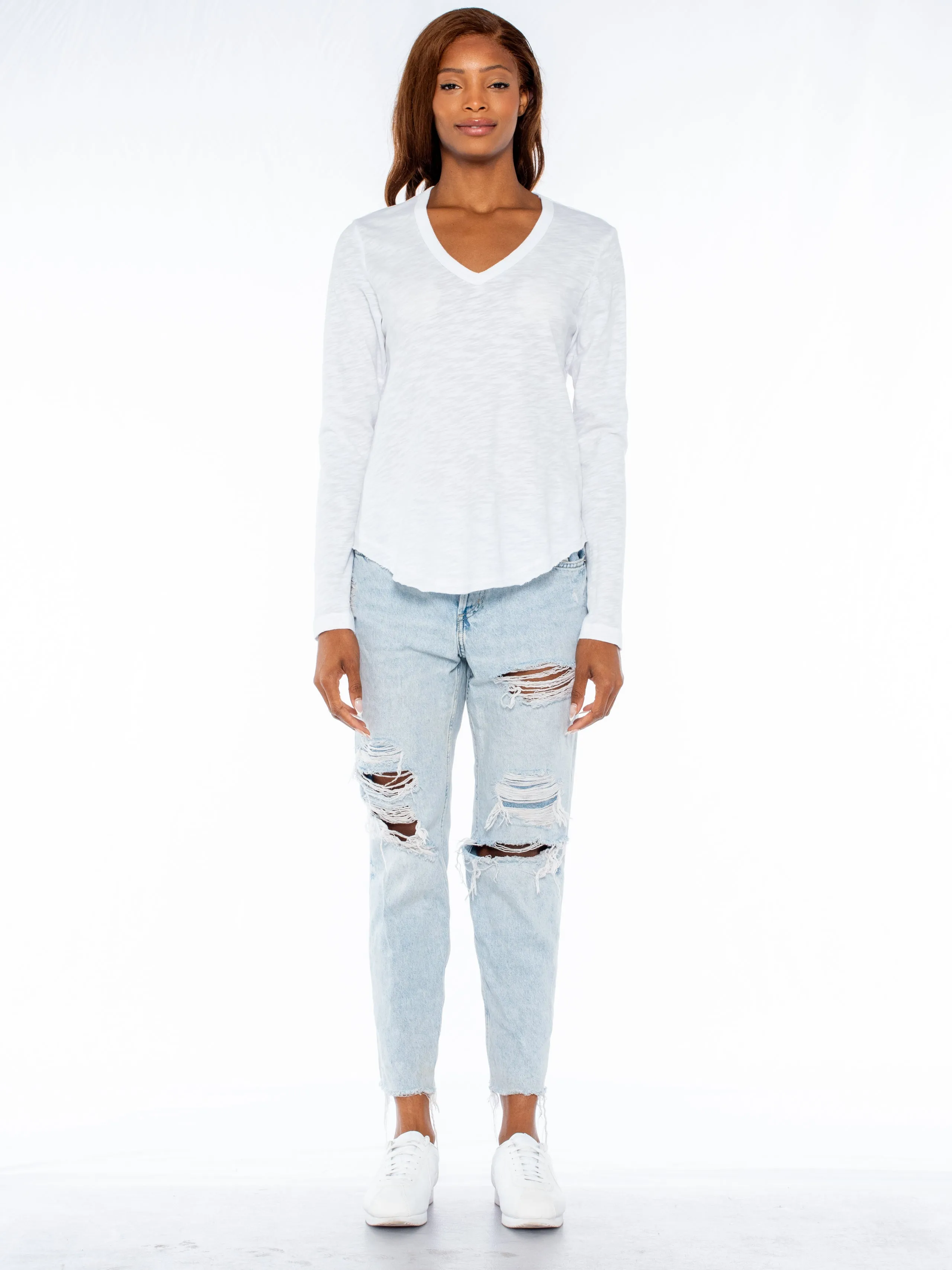 Long Sleeve V-Neck w/ Raw Hem Shirttail