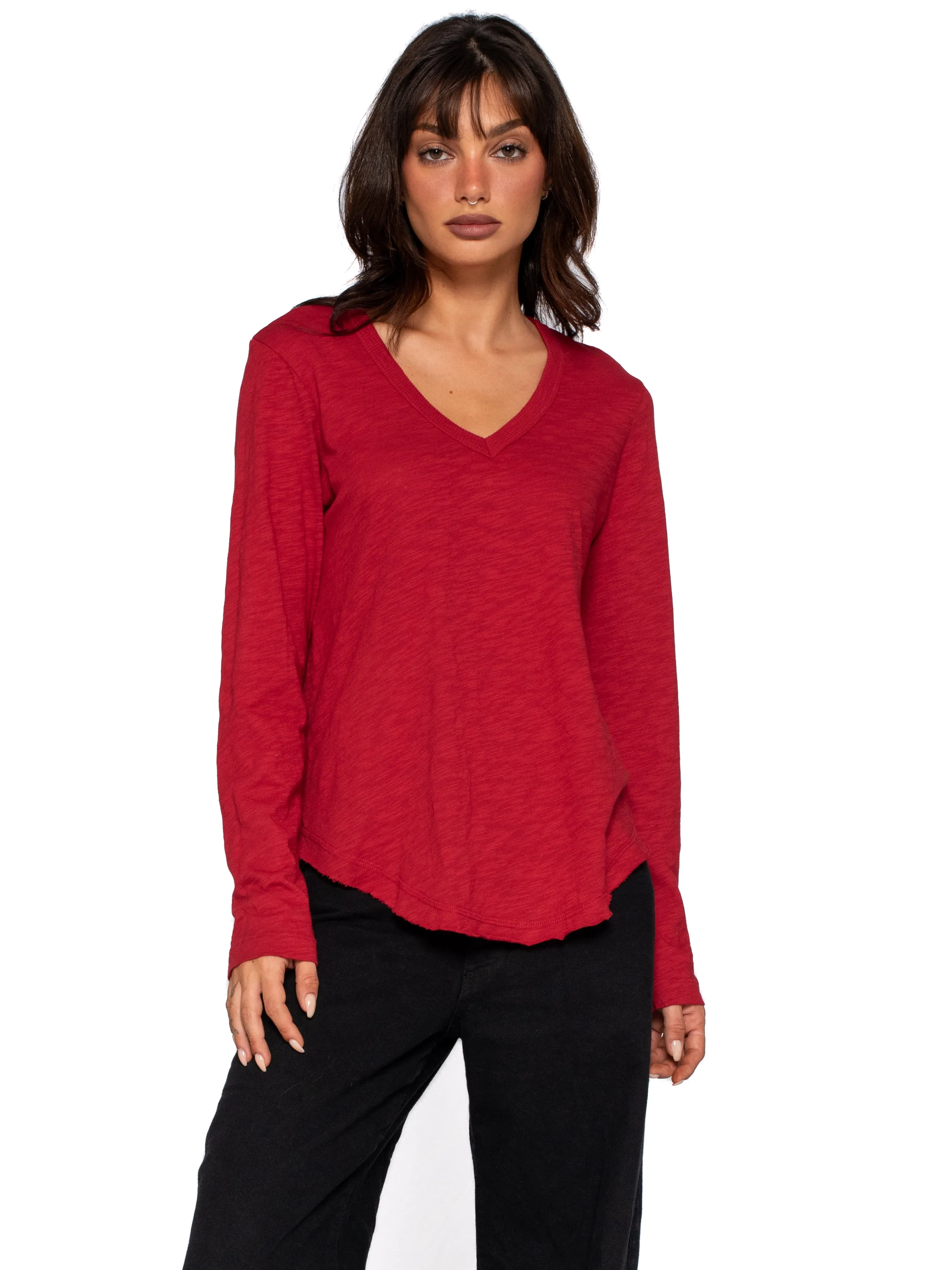 Long Sleeve V-Neck w/ Raw Hem Shirttail