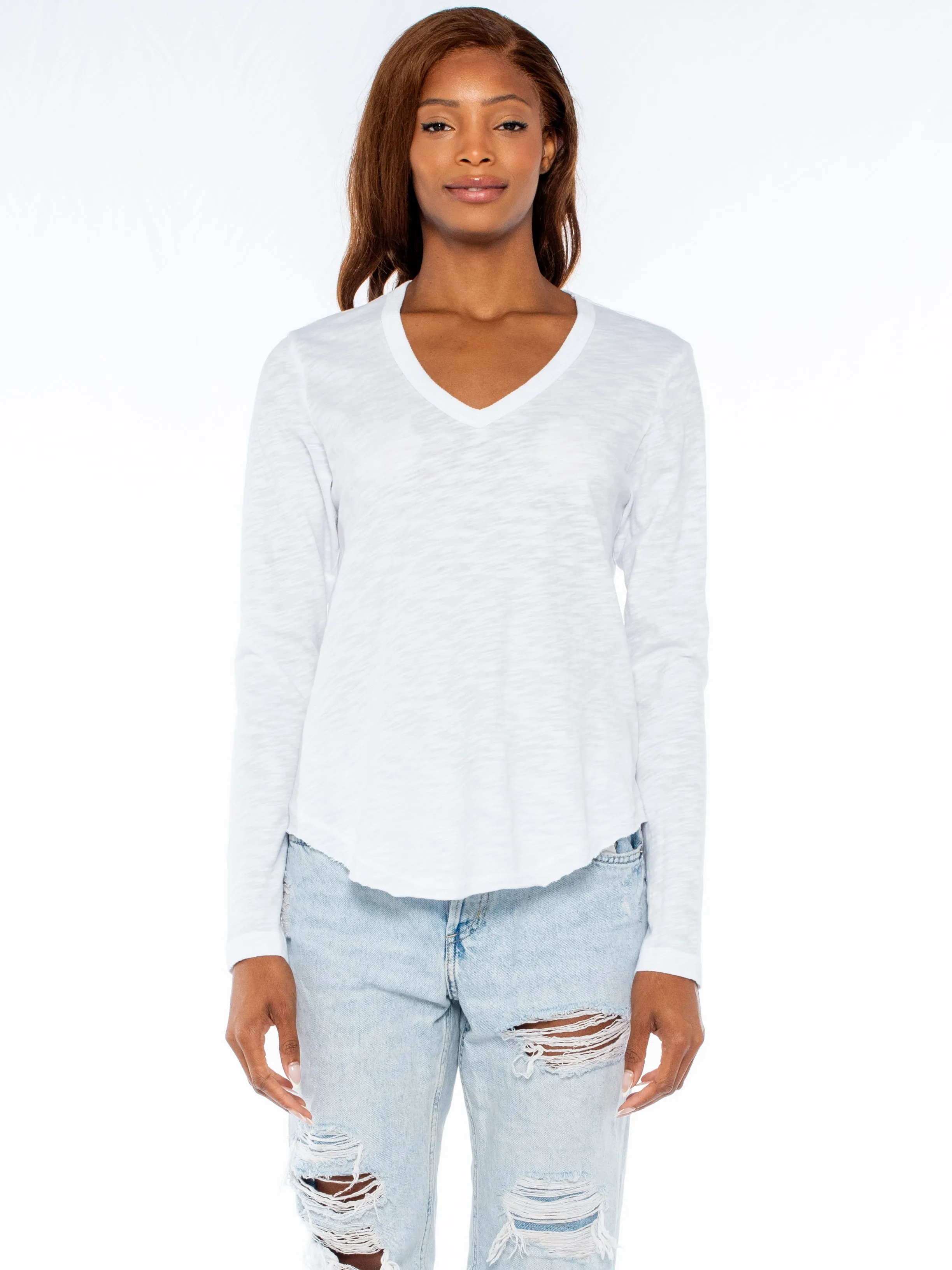 Long Sleeve V-Neck w/ Raw Hem Shirttail