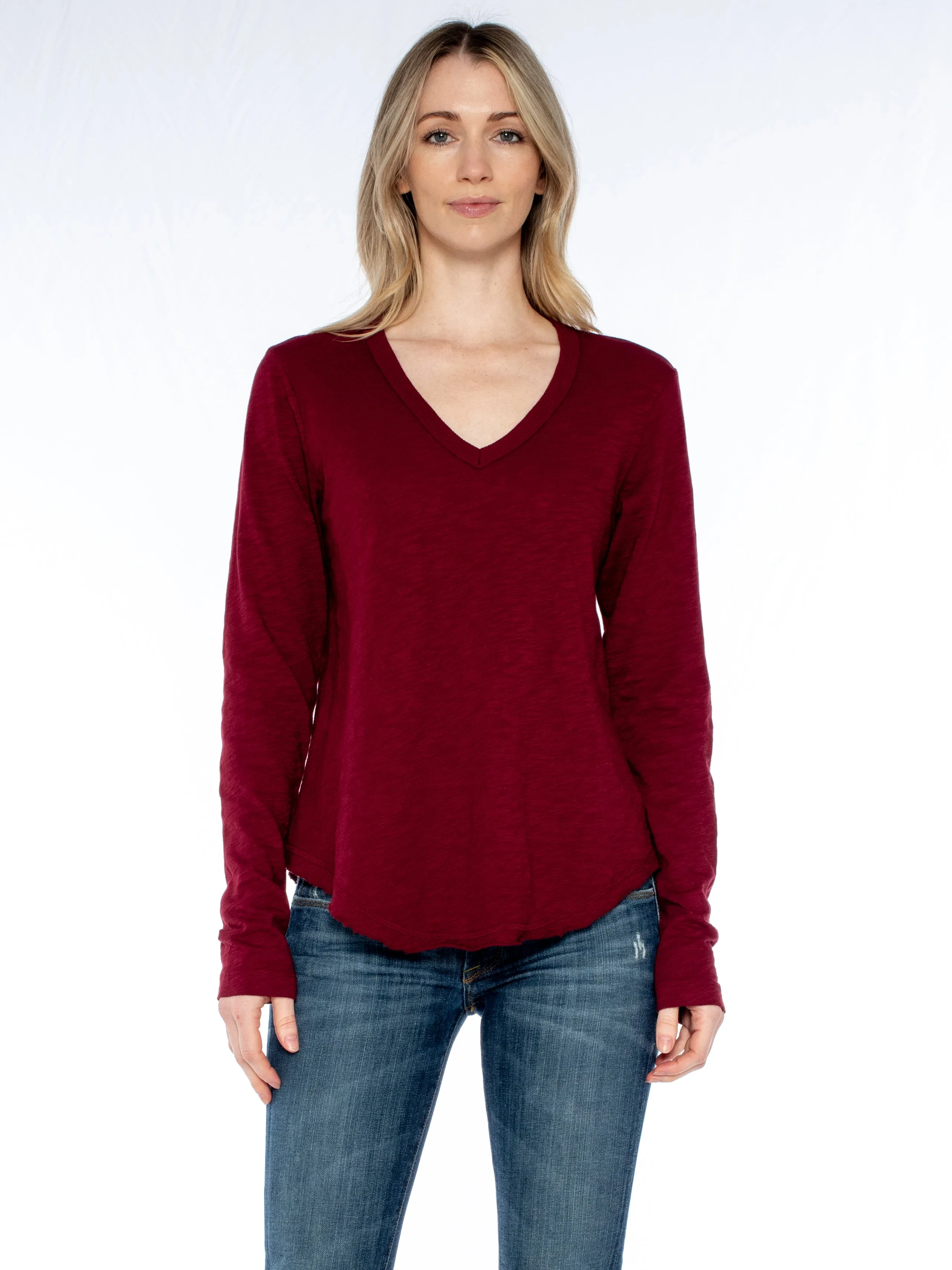 Long Sleeve V-Neck w/ Raw Hem Shirttail