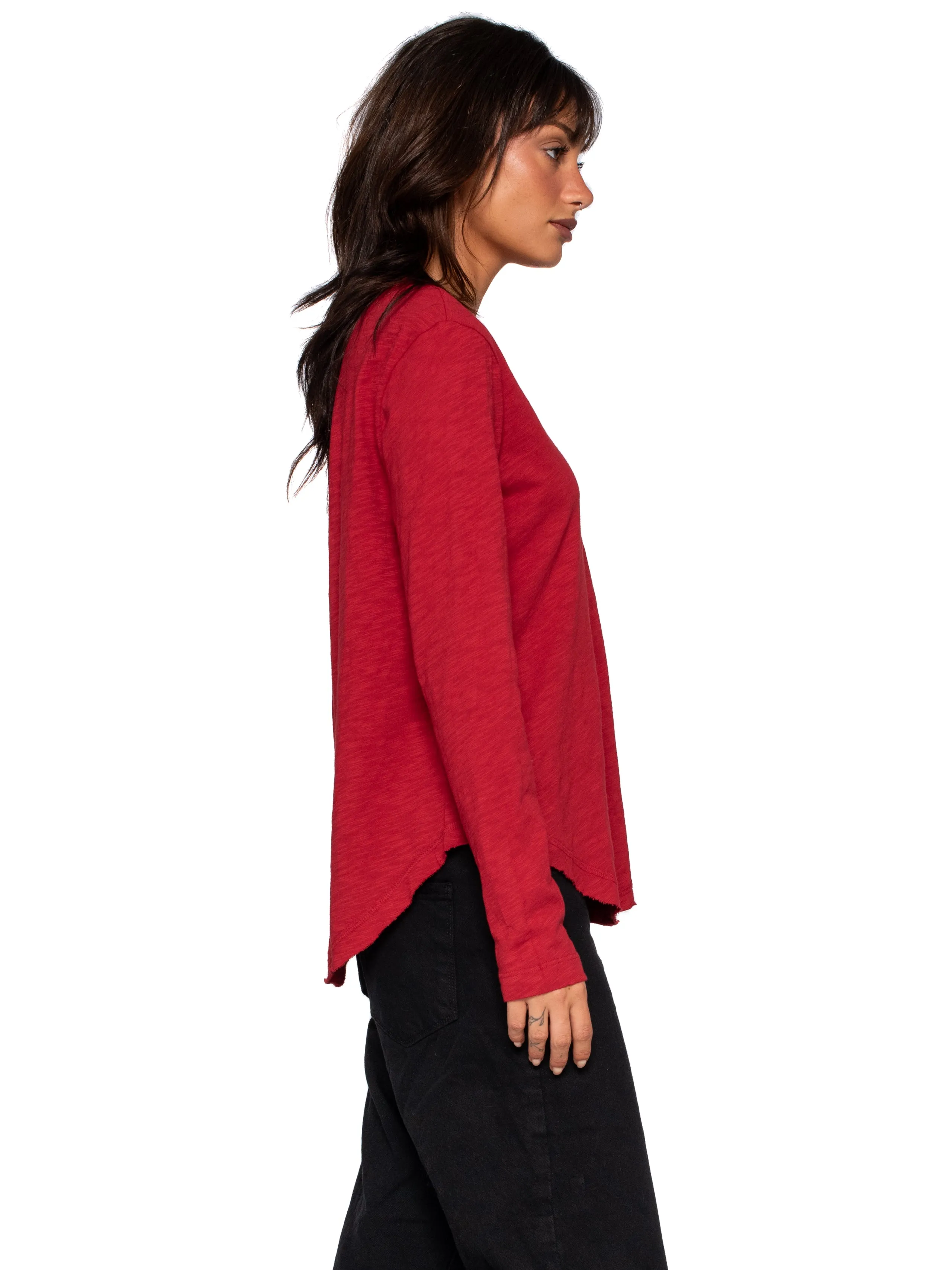 Long Sleeve V-Neck w/ Raw Hem Shirttail