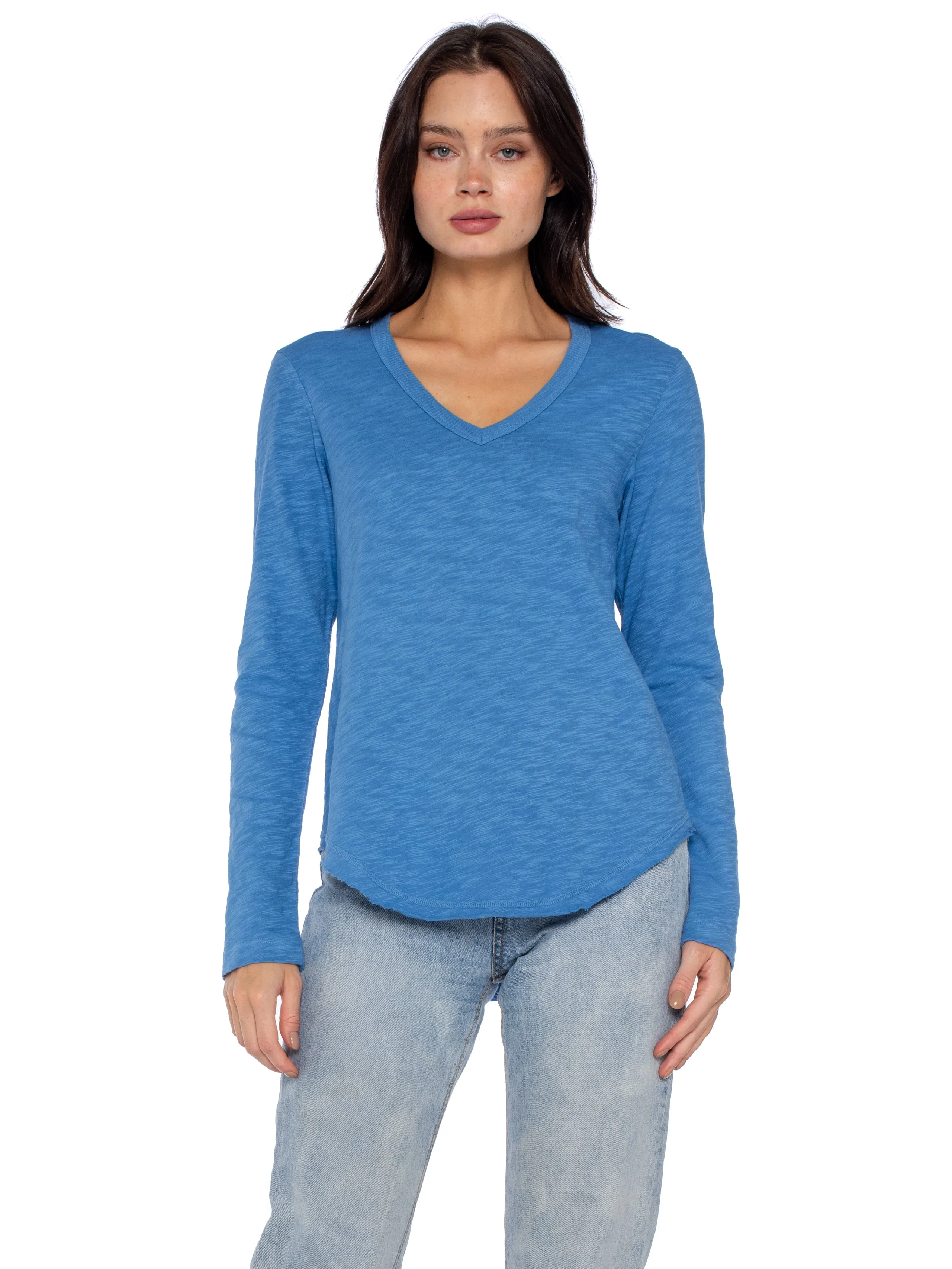Long Sleeve V-Neck w/ Raw Hem Shirttail