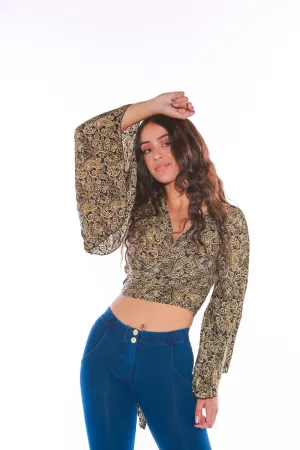 Long sleeve Wrap top - Freesize- black gold