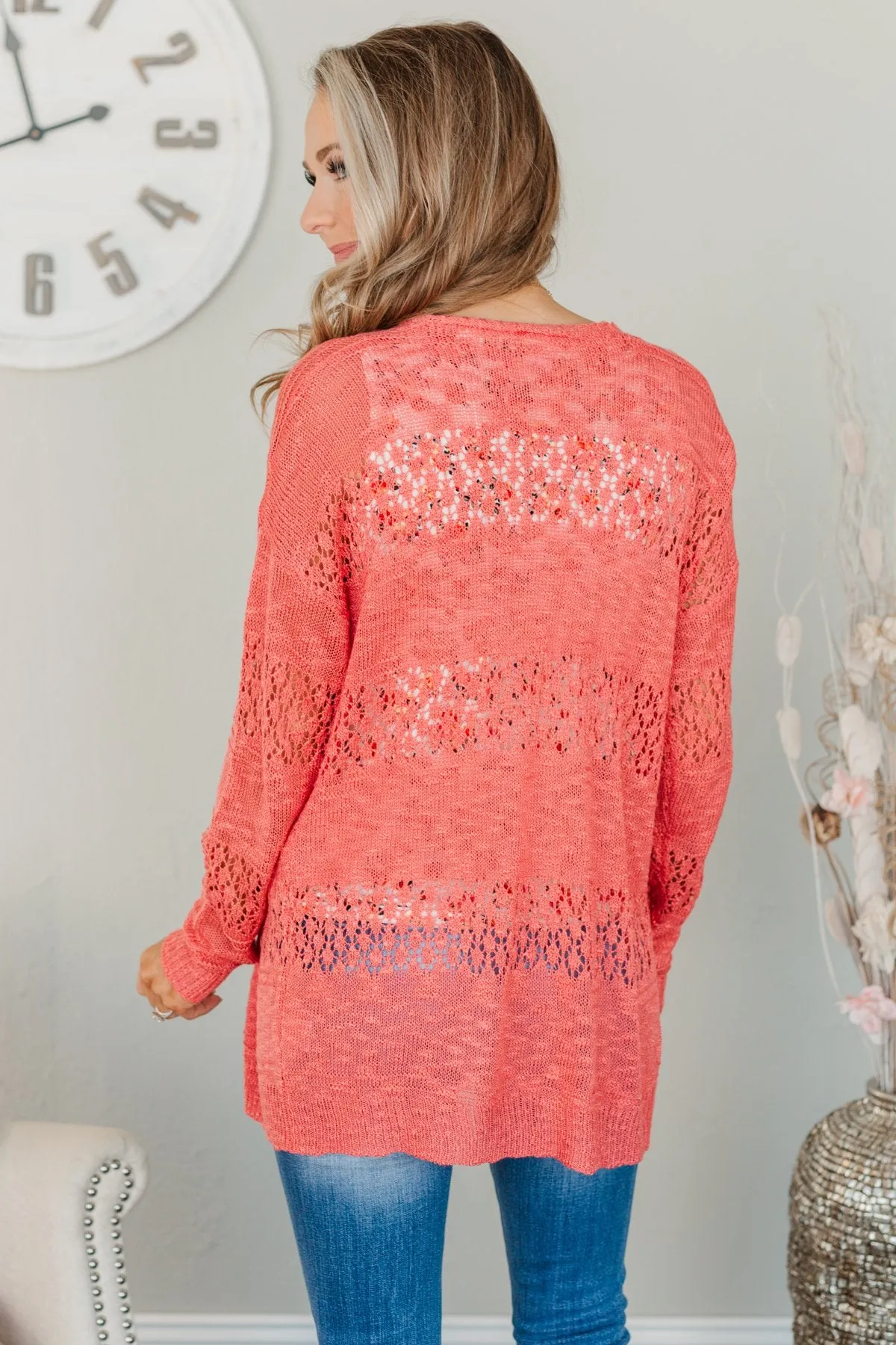 Lovely Life To Live Open Knit Cardigan- Coral