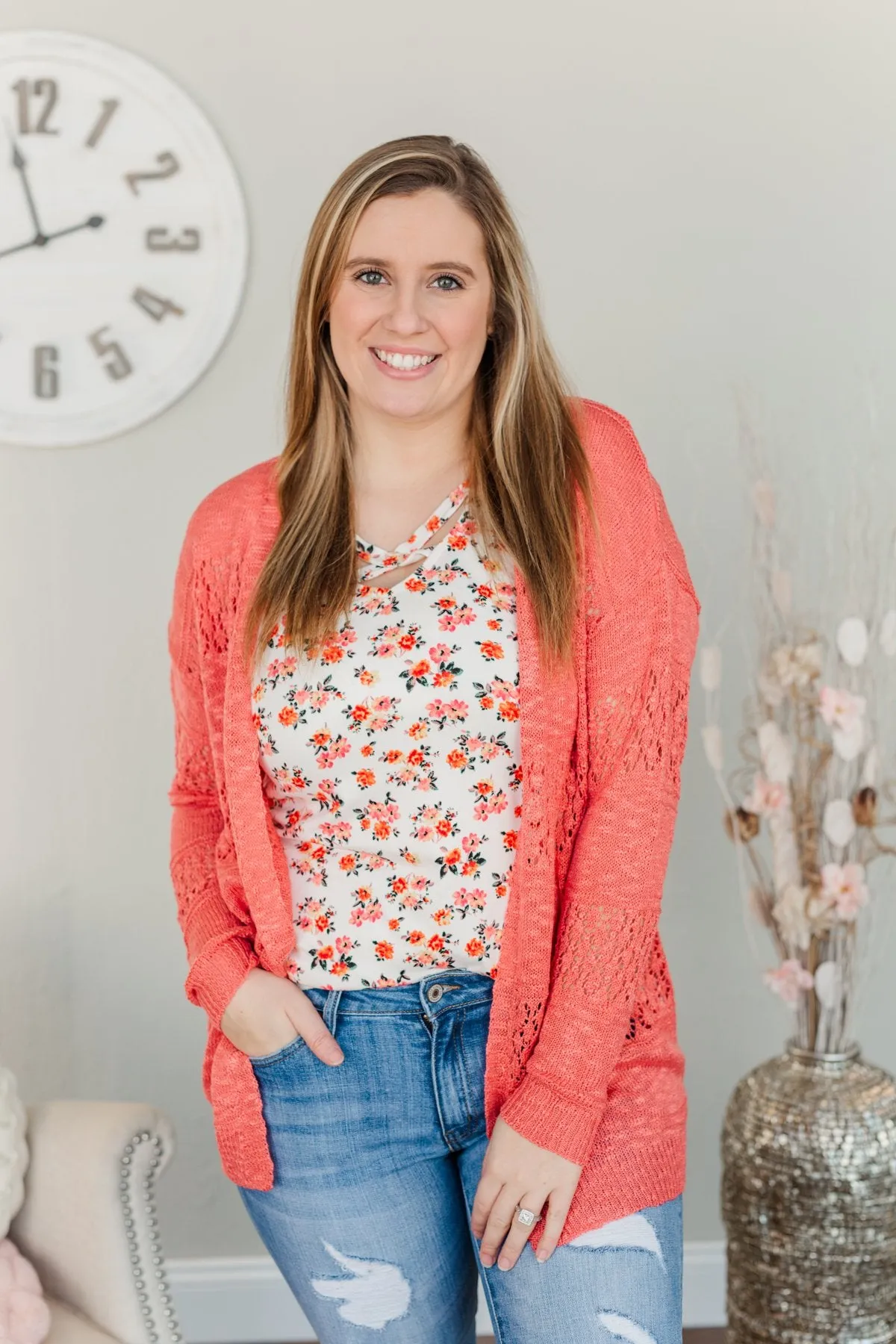 Lovely Life To Live Open Knit Cardigan- Coral