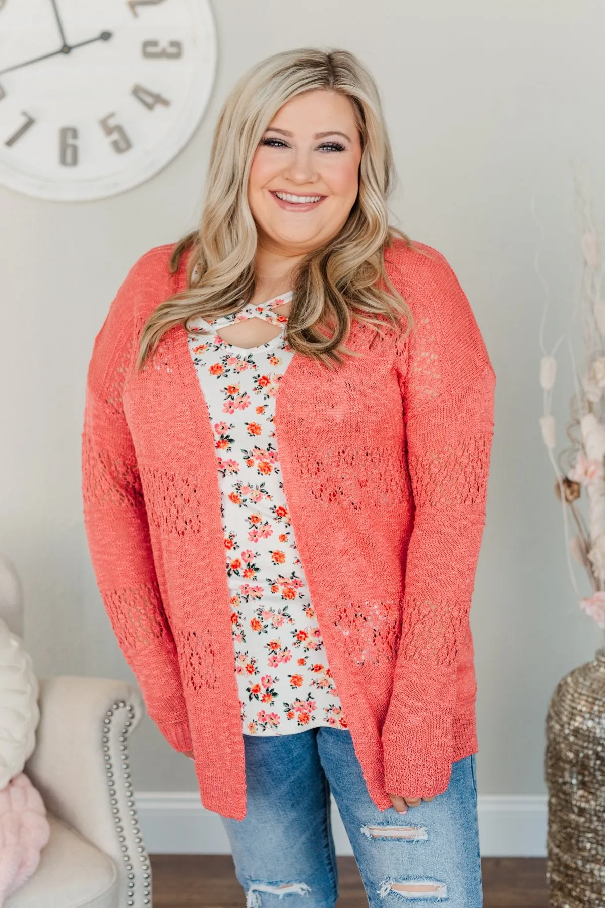 Lovely Life To Live Open Knit Cardigan- Coral