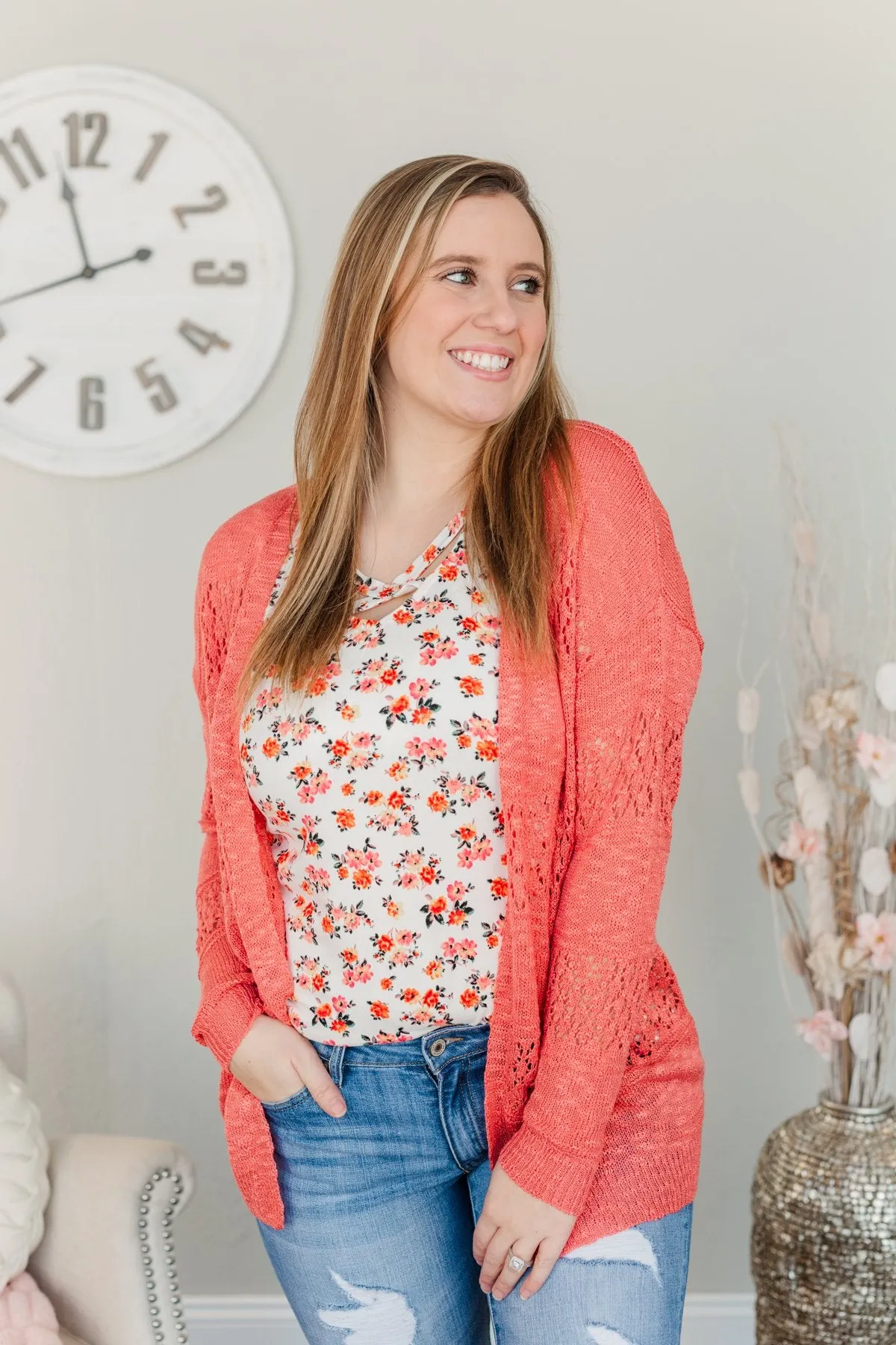 Lovely Life To Live Open Knit Cardigan- Coral