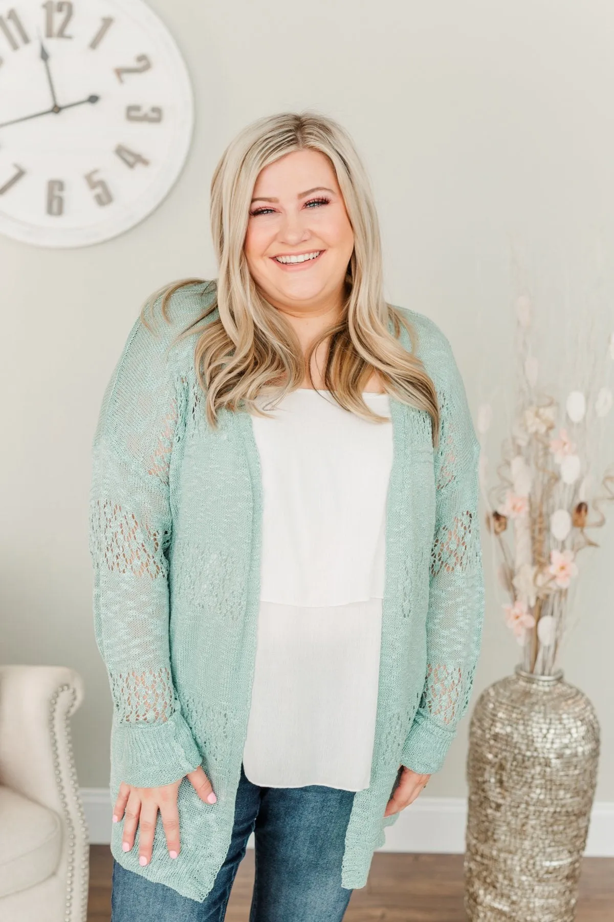 Lovely Life To Live Open Knit Cardigan- Dusty Teal