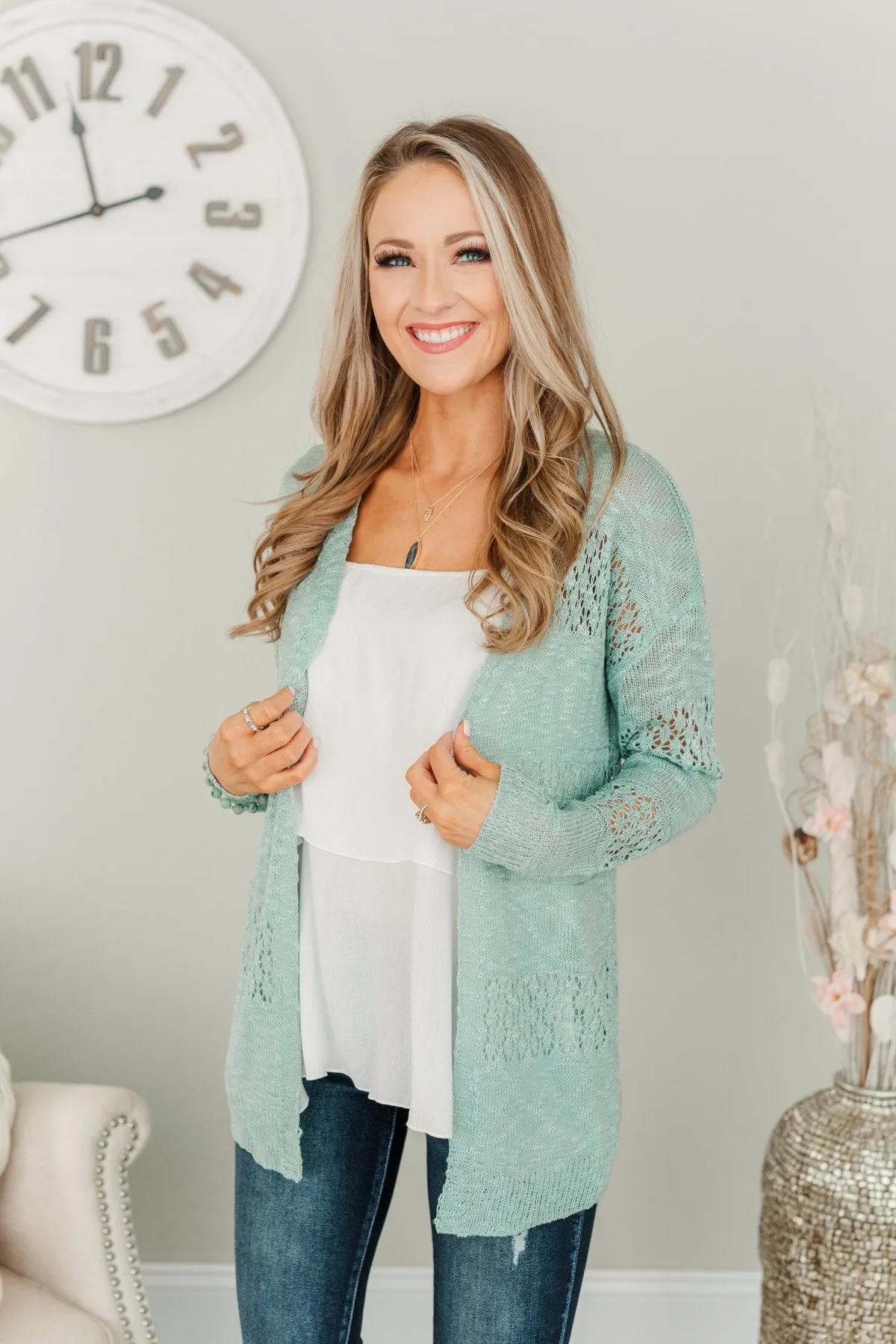 Lovely Life To Live Open Knit Cardigan- Dusty Teal