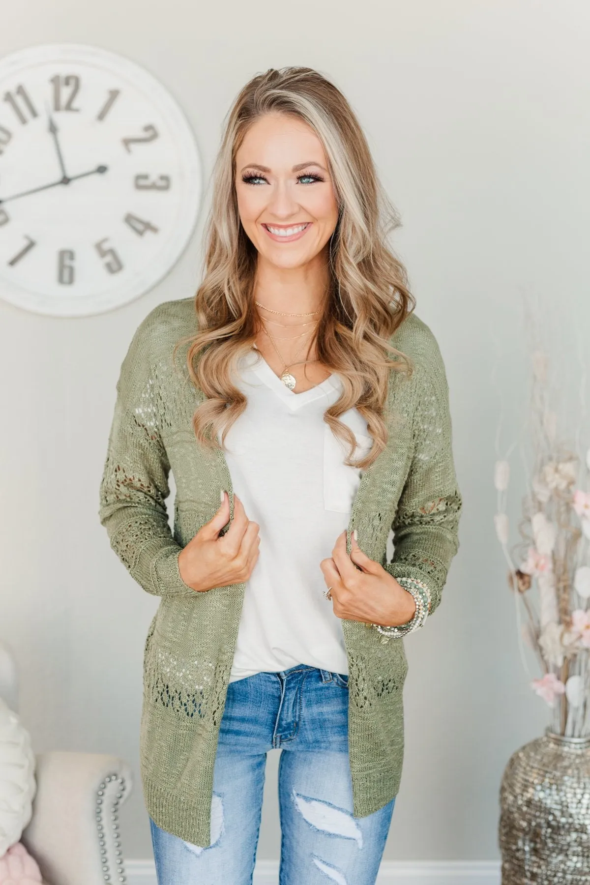 Lovely Life To Live Open Knit Cardigan- Sage