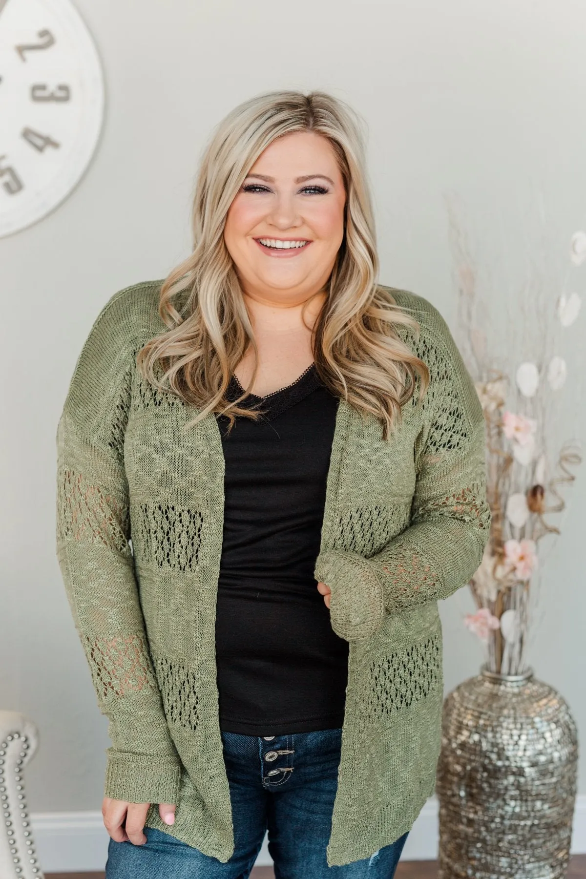 Lovely Life To Live Open Knit Cardigan- Sage