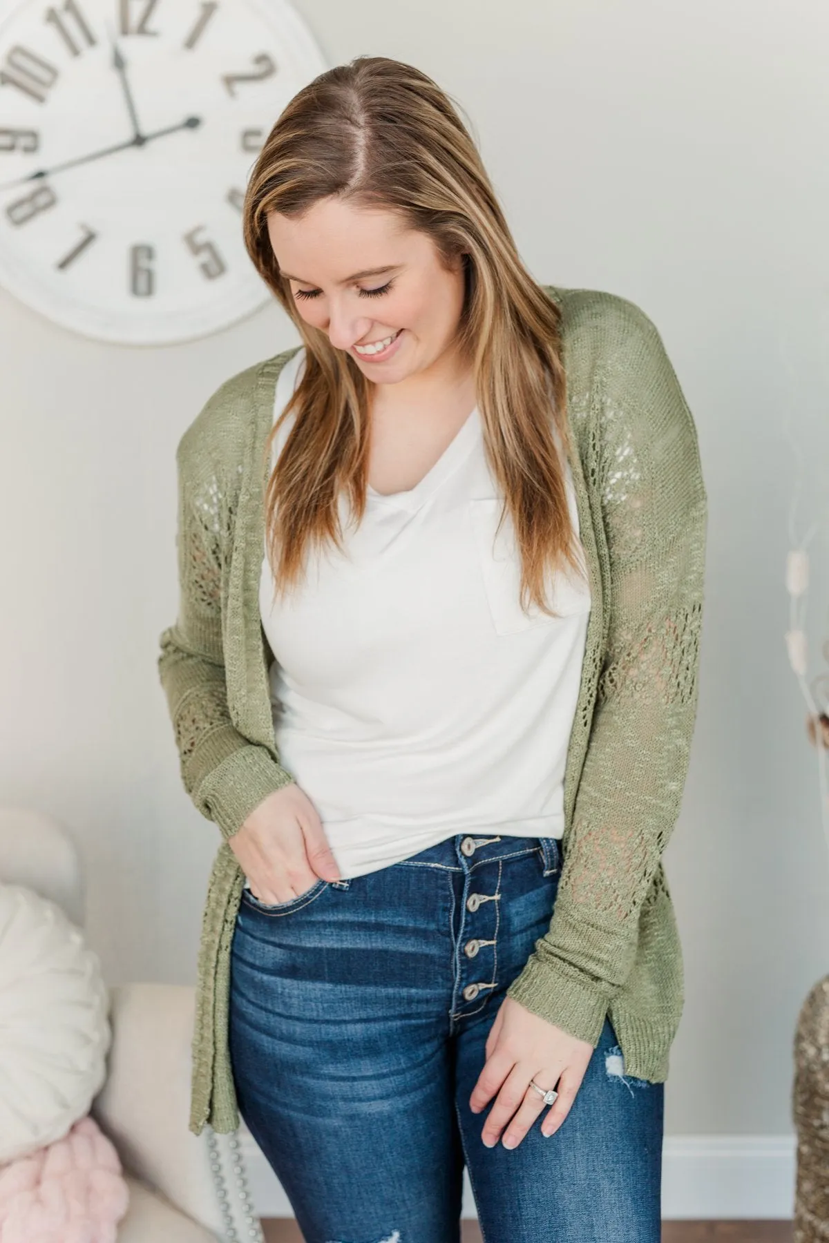 Lovely Life To Live Open Knit Cardigan- Sage