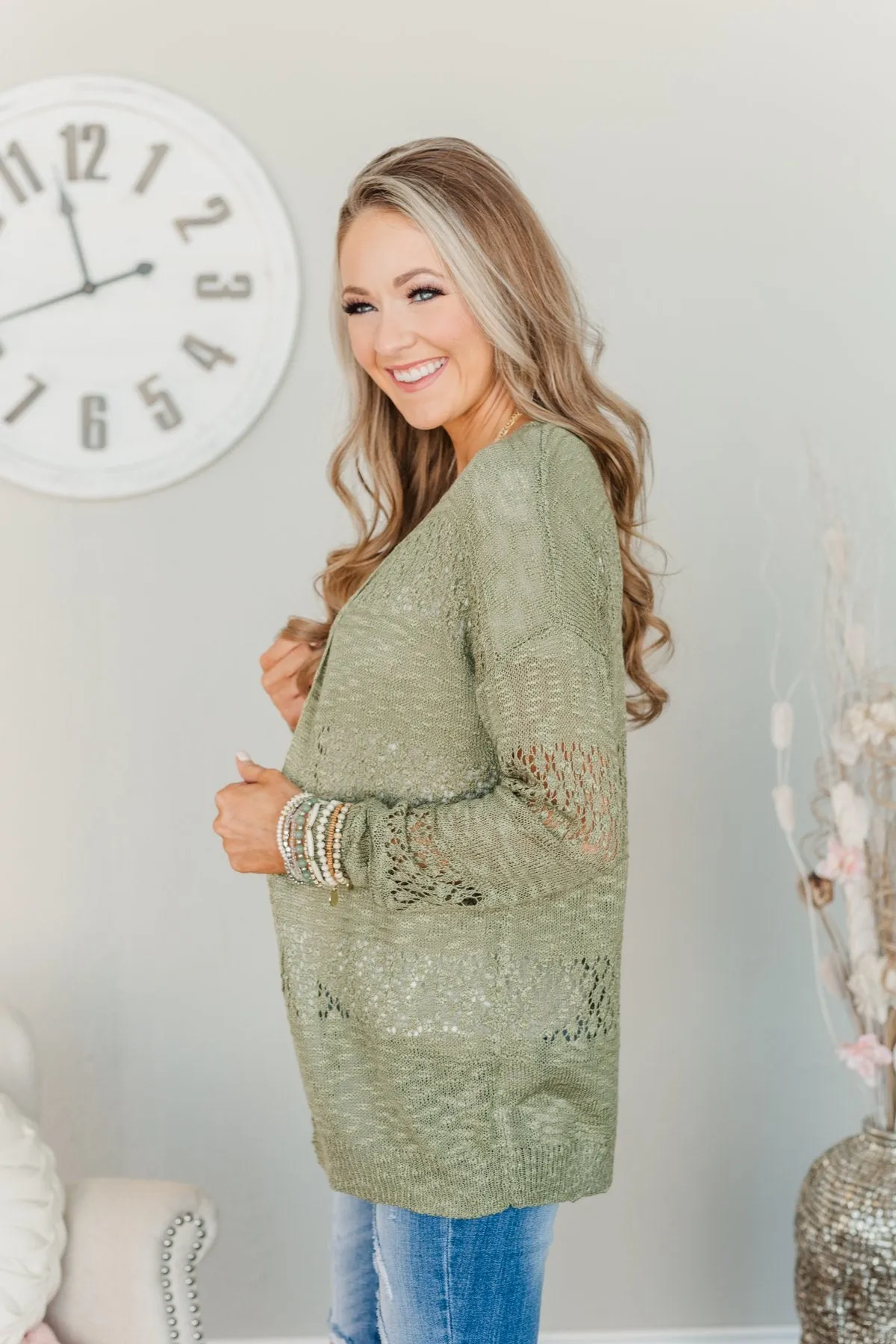 Lovely Life To Live Open Knit Cardigan- Sage