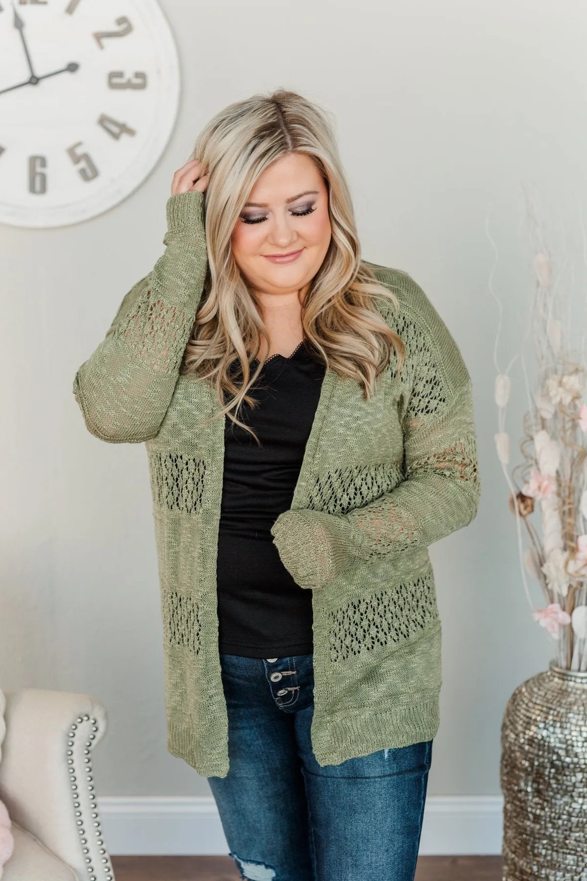 Lovely Life To Live Open Knit Cardigan- Sage