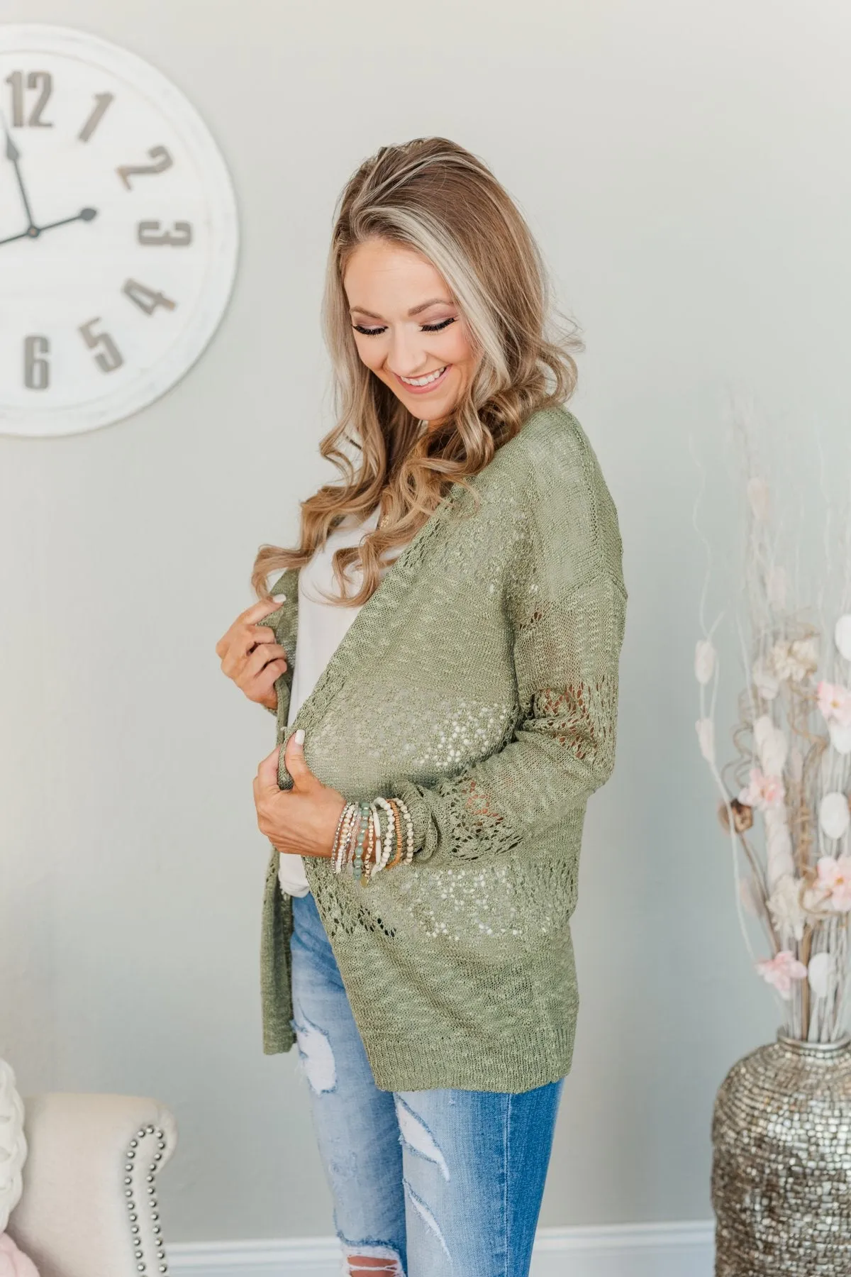 Lovely Life To Live Open Knit Cardigan- Sage