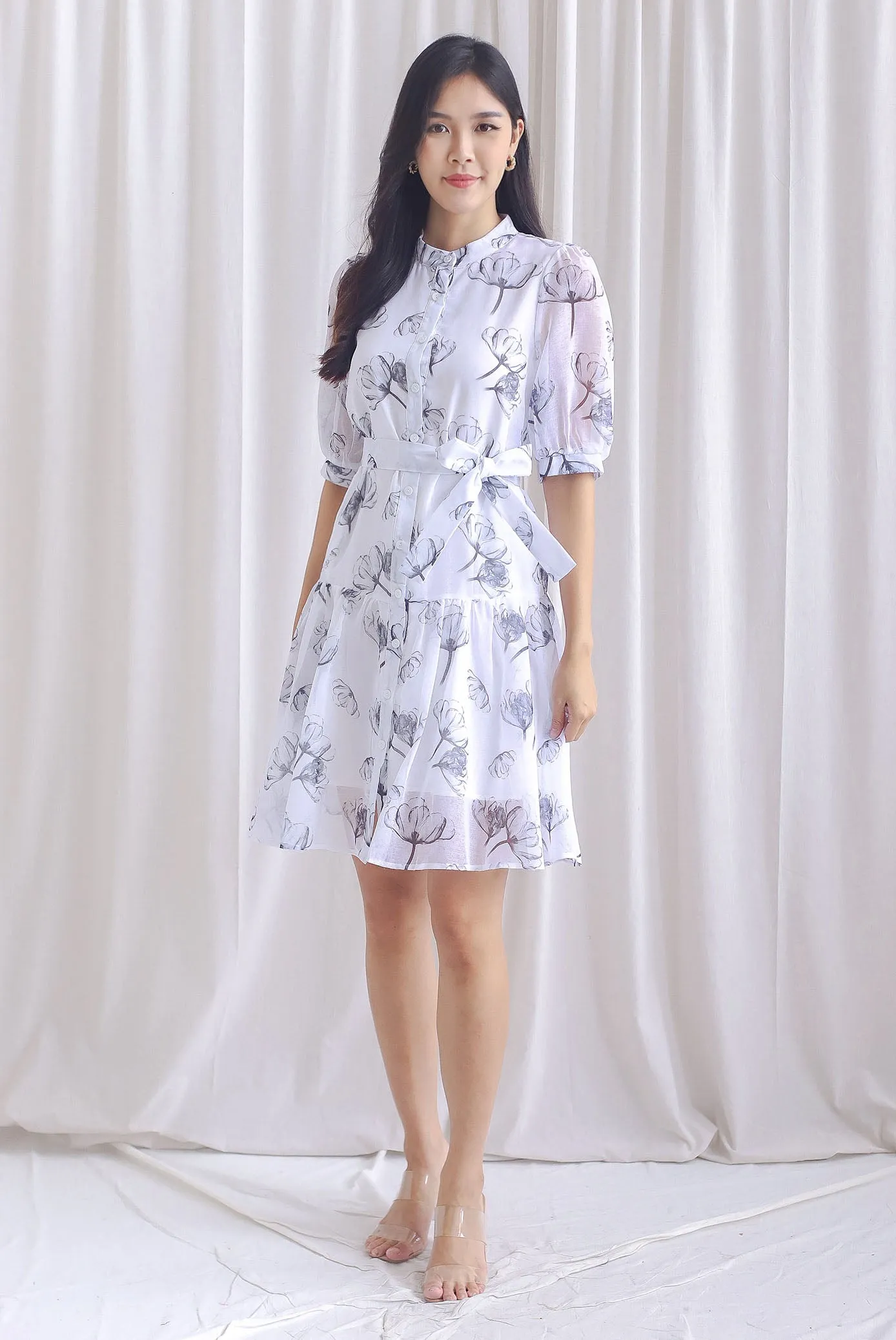 Lyndie Chiffon Sheer Sleeve Tiered Button Dress In White
