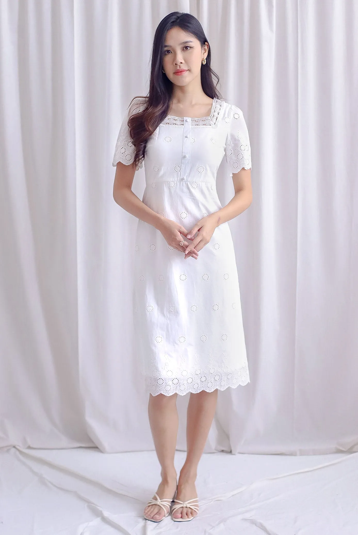 Mabelle Eyelet Square Neck Sleeve Dress In White