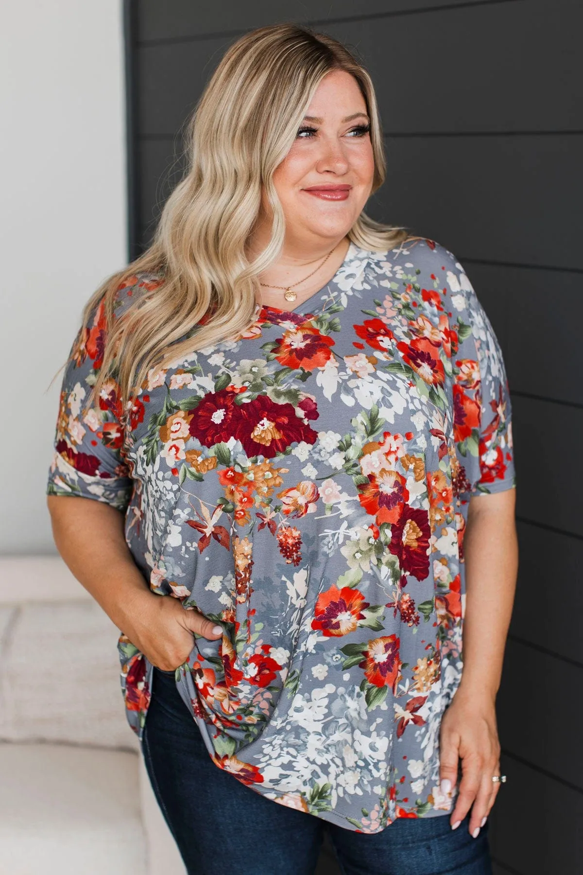 Main Priority V-Neck Floral Top- Grey