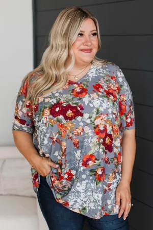 Main Priority V-Neck Floral Top- Grey