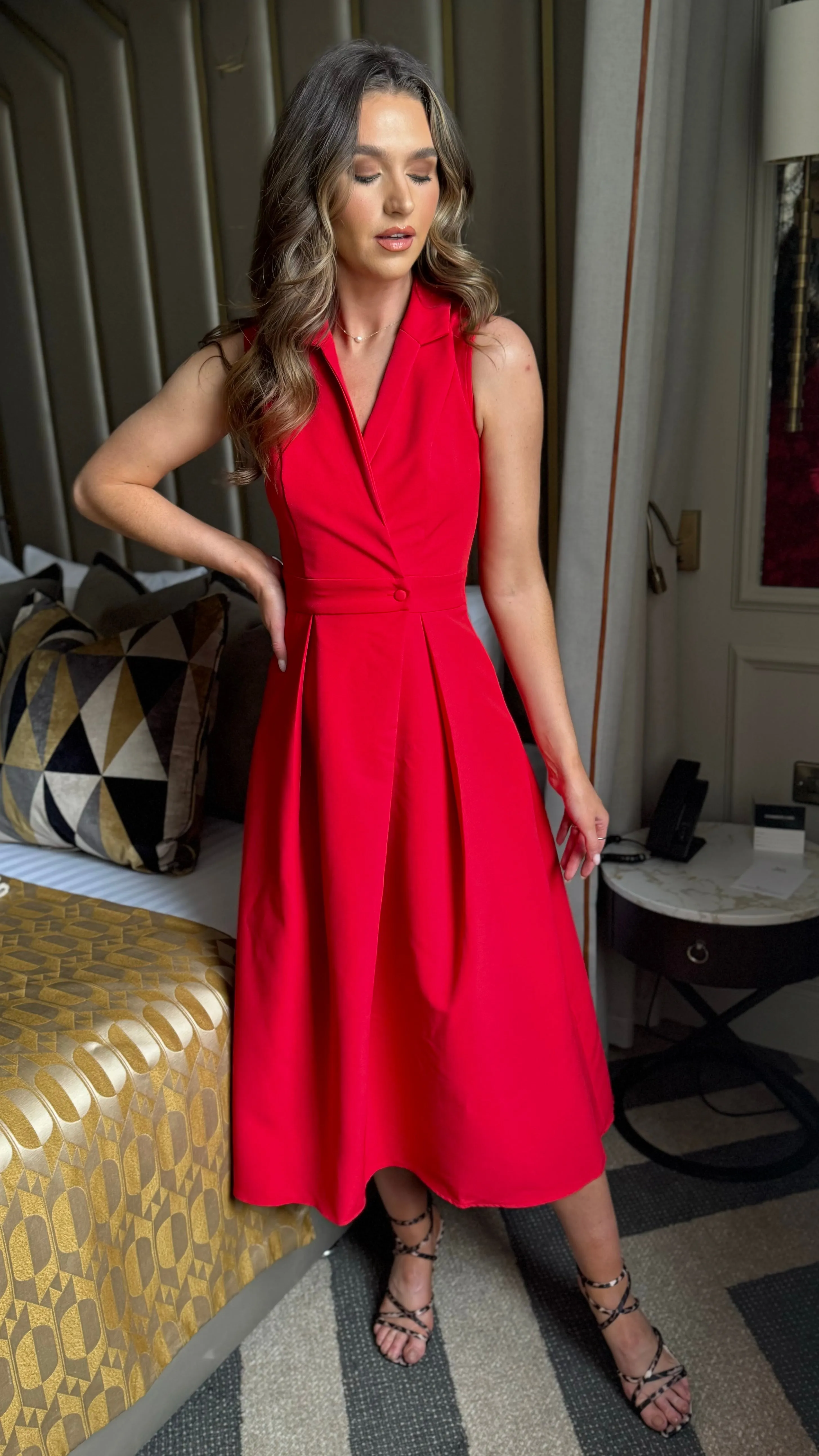 Makenna Red Collared Tailored Shirt Midi Dress