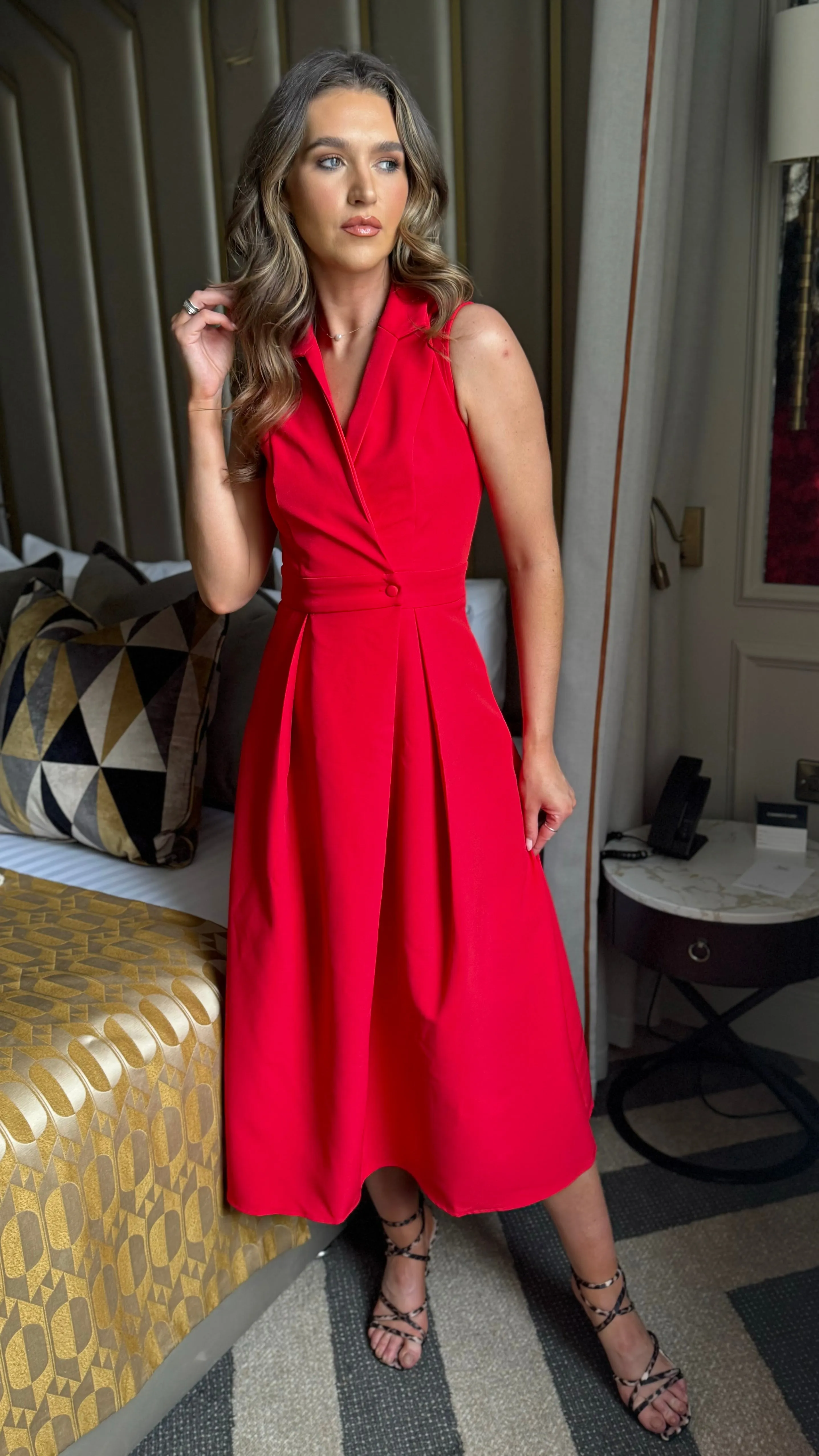Makenna Red Collared Tailored Shirt Midi Dress