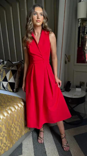 Makenna Red Collared Tailored Shirt Midi Dress