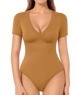 MANGOPOP Deep V Neck Bodysuits for Women Short Sleeve Body Suits Sexy Going Out Tops (Khaki X-Small)