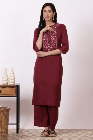 Maroon Embroidered Yoke Pure Cotton Straight Kurta and Pants Set