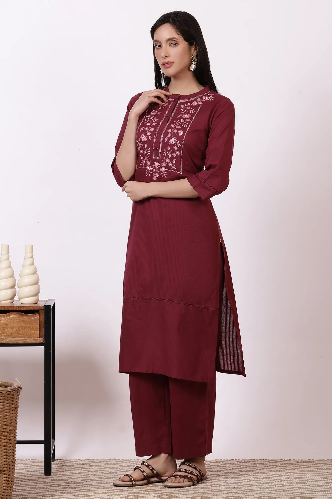 Maroon Embroidered Yoke Pure Cotton Straight Kurta and Pants Set