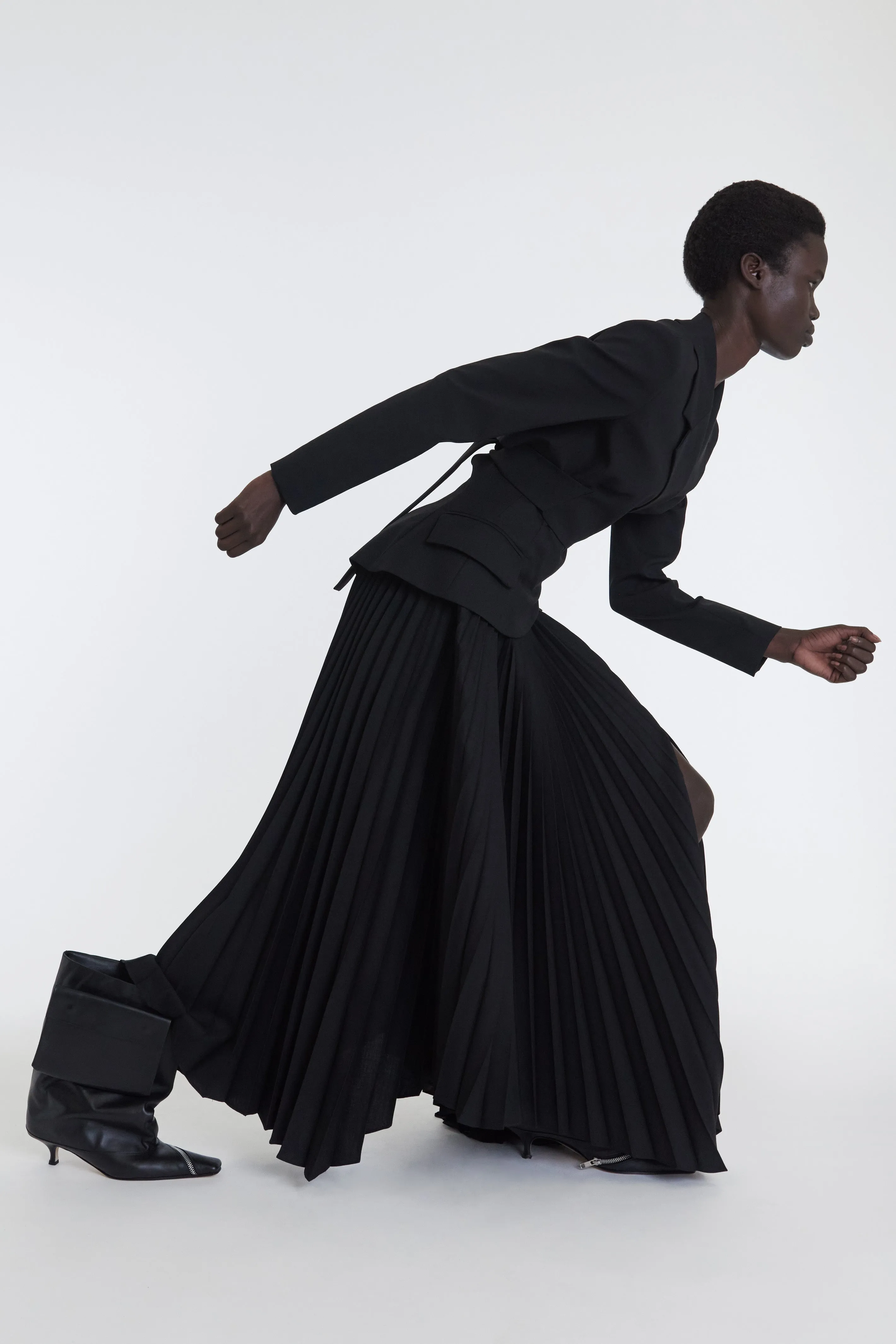 Maxi Pleated Asymmetric Skirt With Basque Detail Black