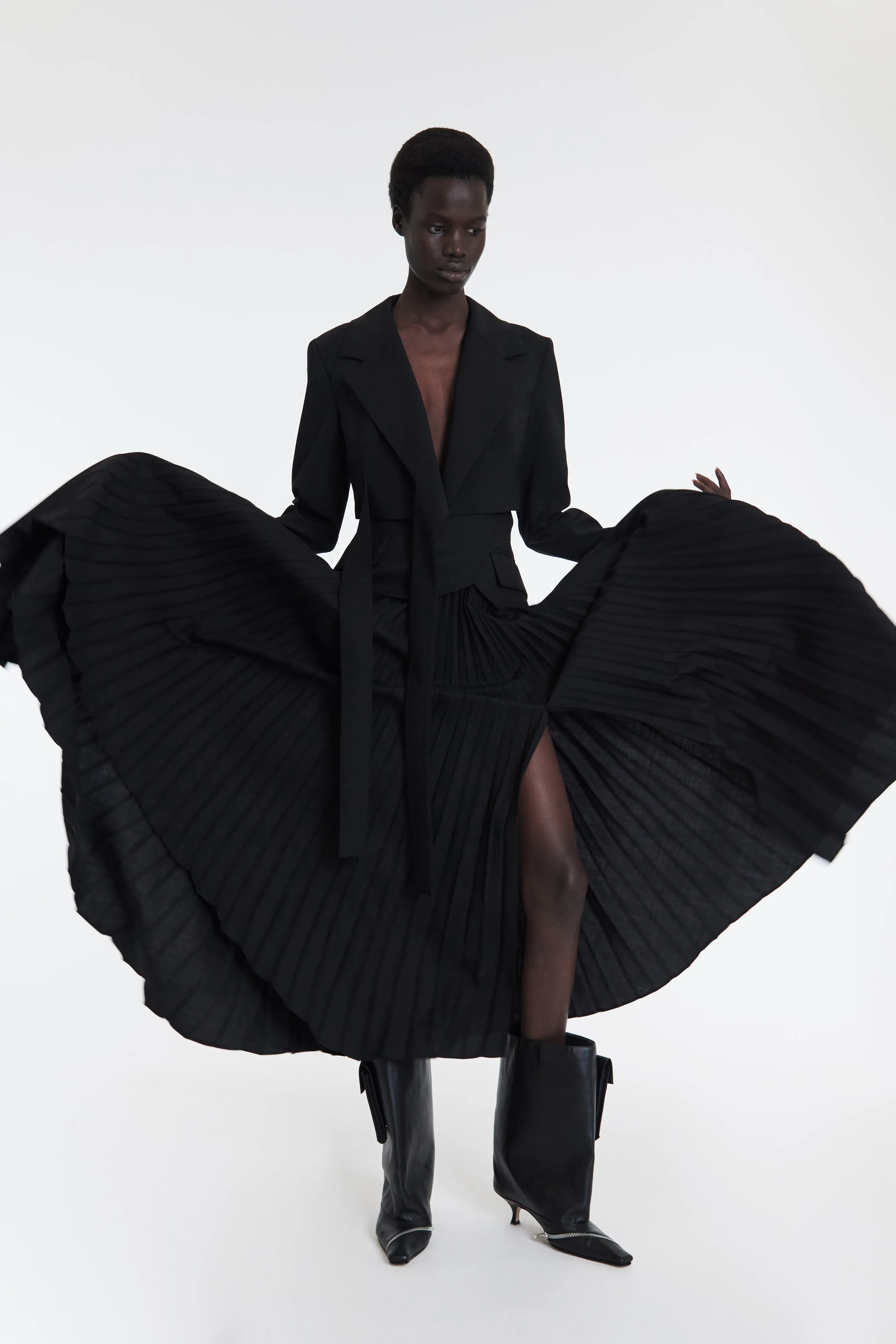 Maxi Pleated Asymmetric Skirt With Basque Detail Black