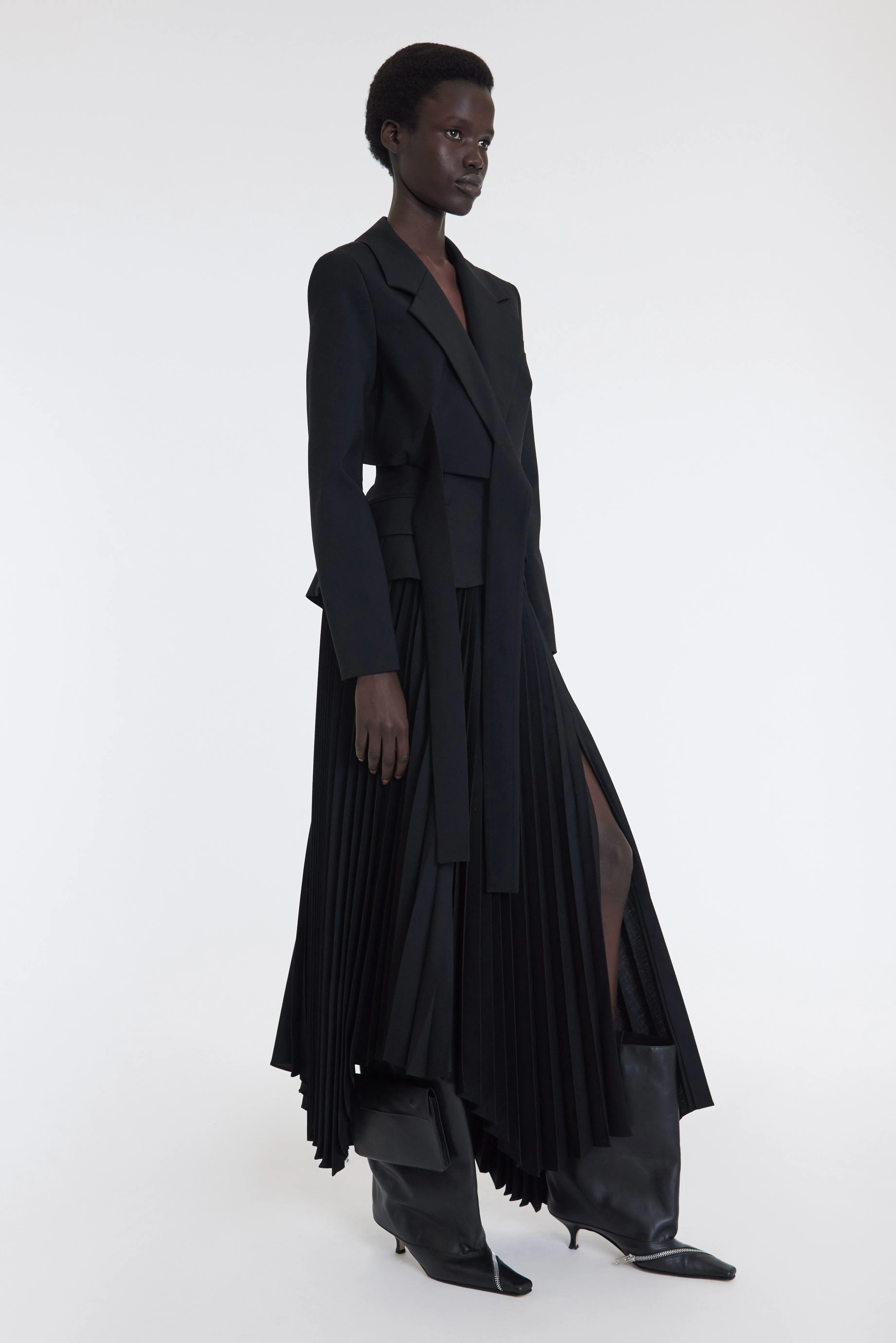 Maxi Pleated Asymmetric Skirt With Basque Detail Black