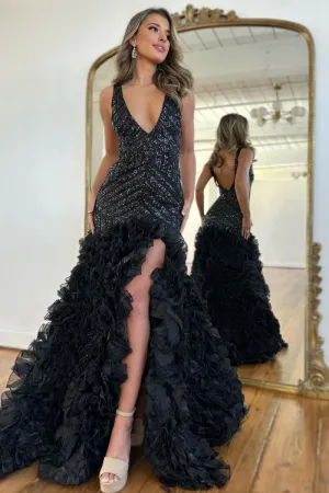 Mermaid V-Neck Long Sequin Prom Dresses with Ruffles