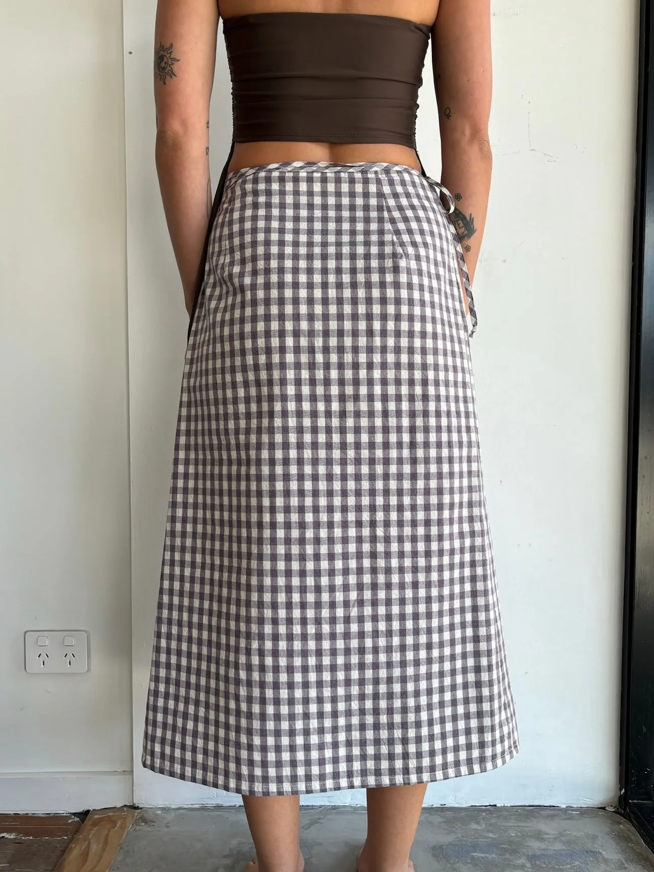 Midi Wrap Skirt in Brown Gingham