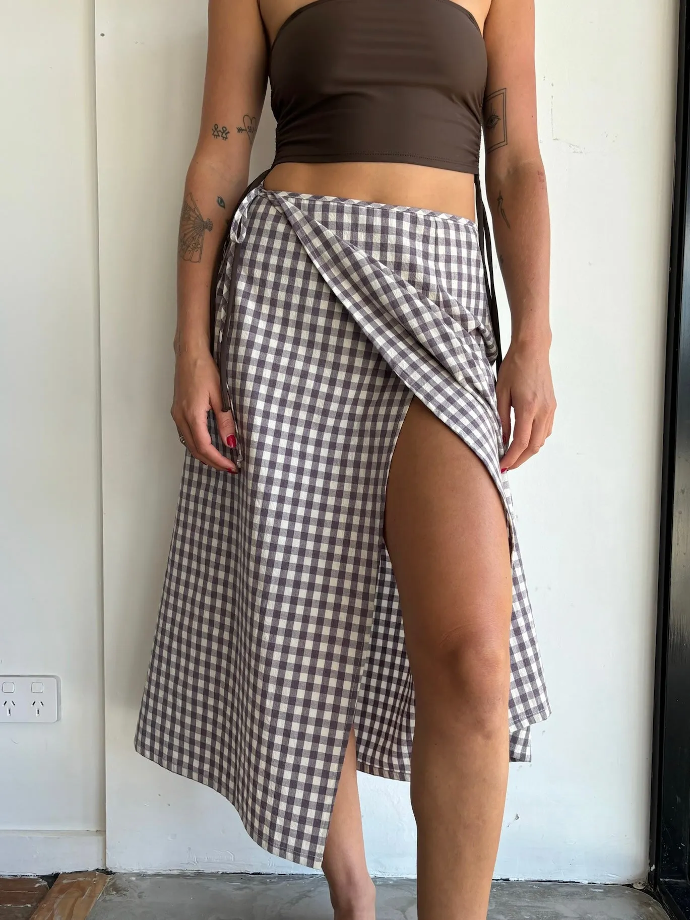 Midi Wrap Skirt in Brown Gingham