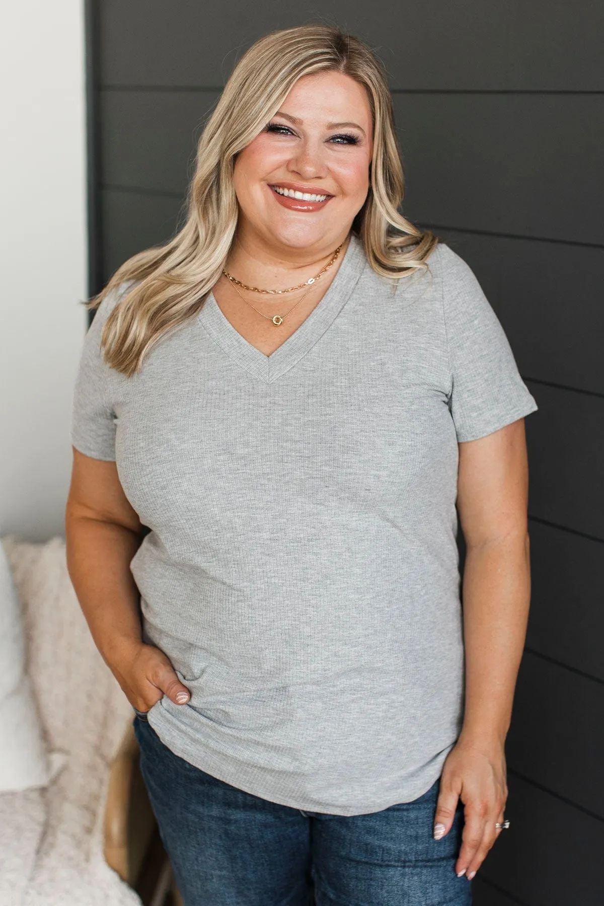Miss You Already V-Neck Top- Heather Grey