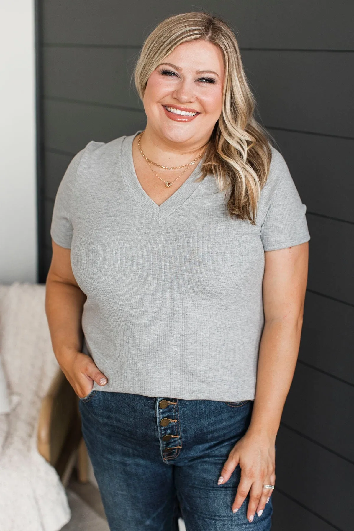 Miss You Already V-Neck Top- Heather Grey