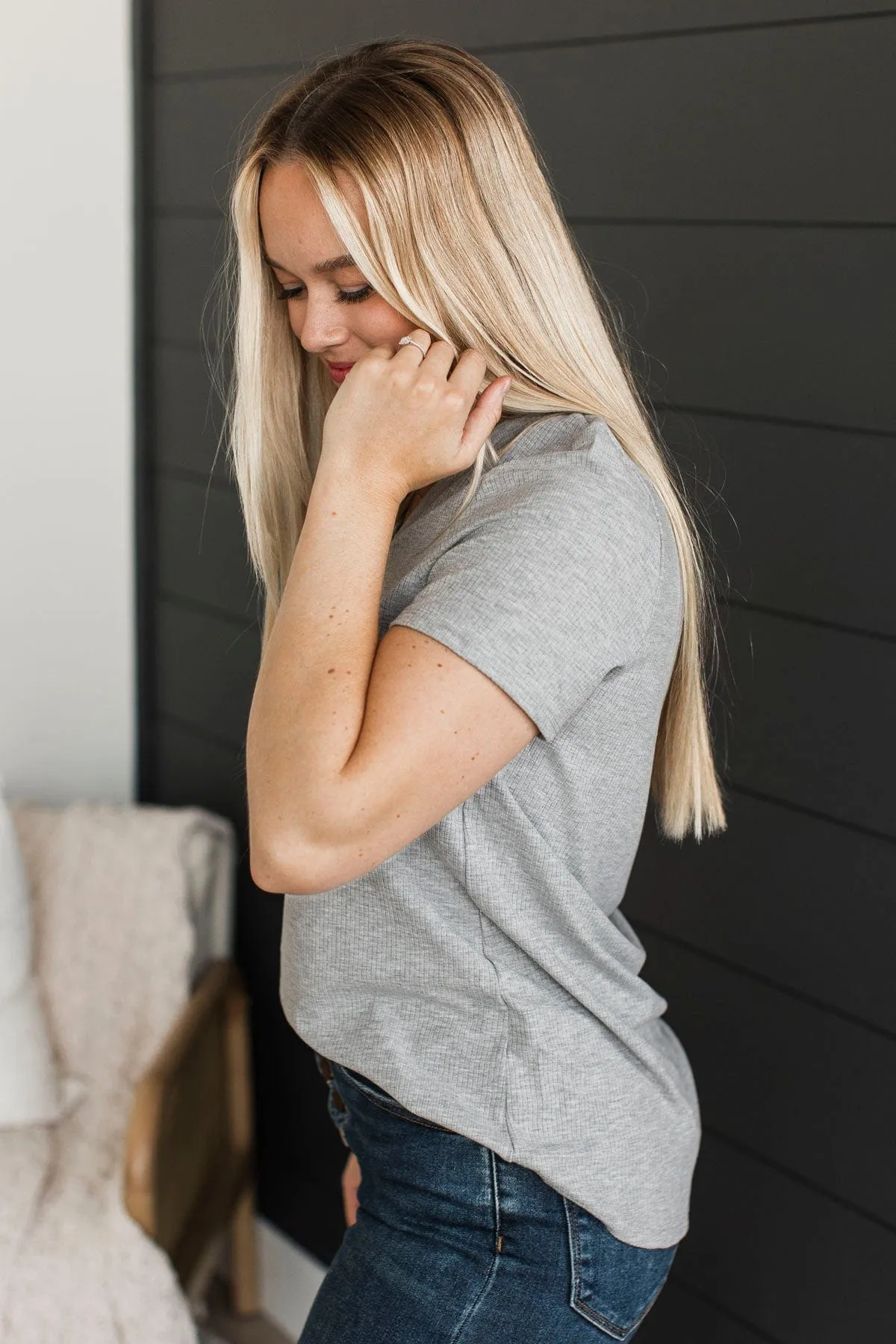 Miss You Already V-Neck Top- Heather Grey