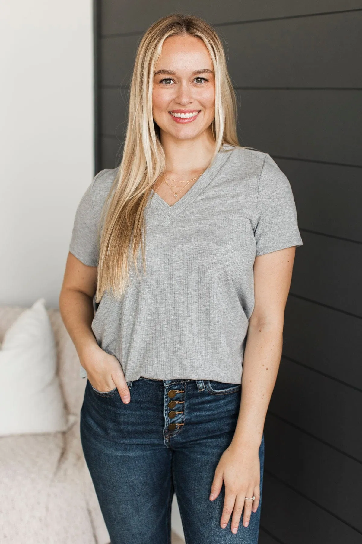 Miss You Already V-Neck Top- Heather Grey