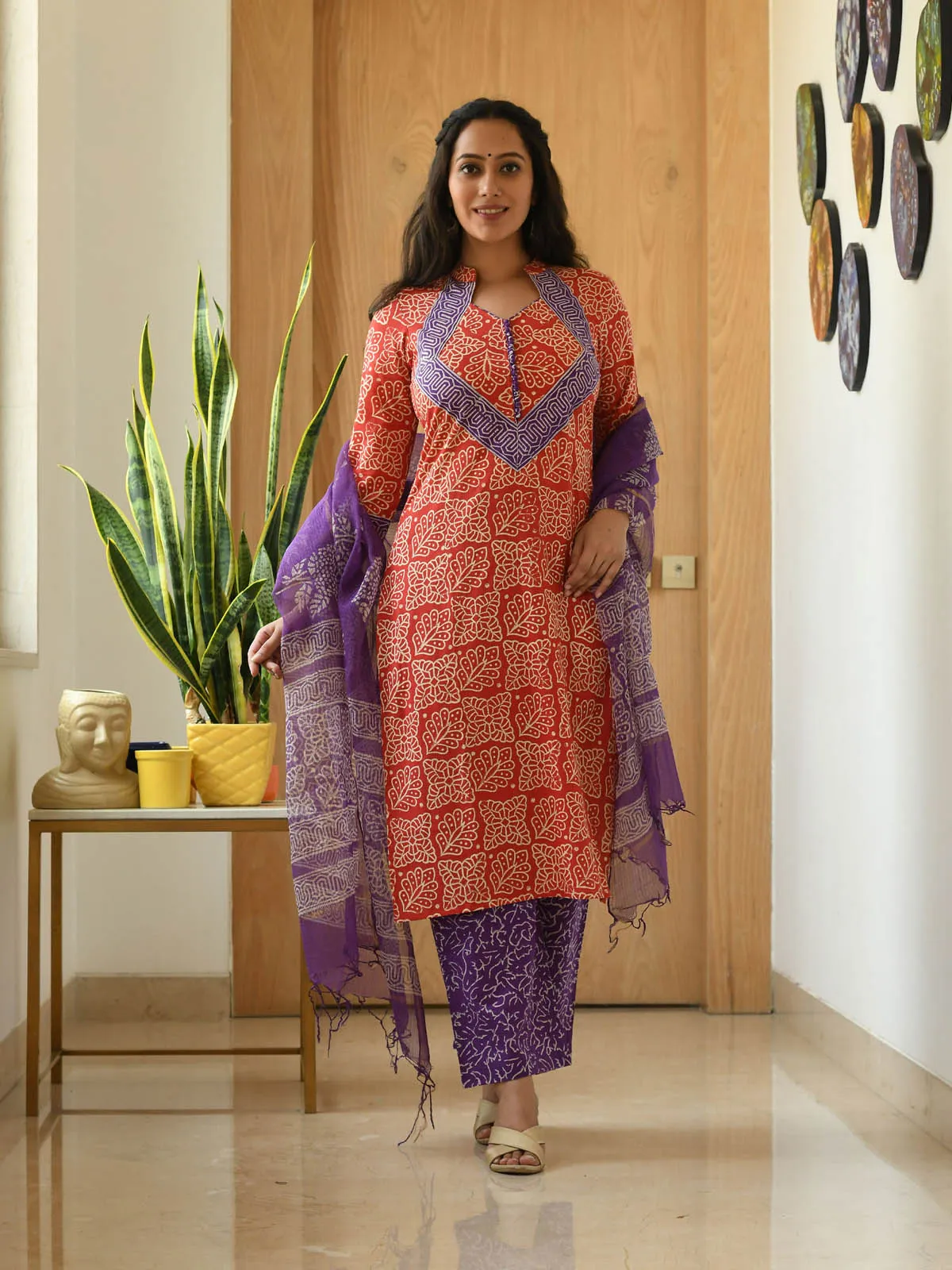 MULMUL BRINDA BLOCK PRINTED KURTA-PANTS & DUPATTA SET