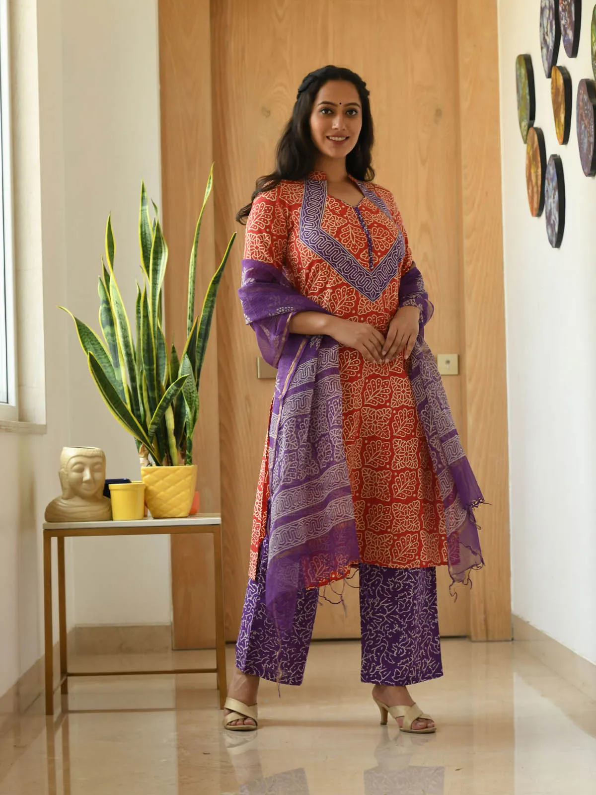 MULMUL BRINDA BLOCK PRINTED KURTA-PANTS & DUPATTA SET