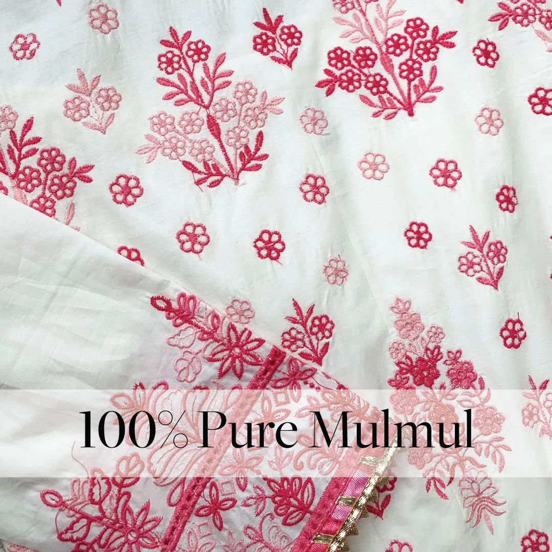 Mulmul Cotton Zahava Off White/Pink Kurta With Zahava Off White/Pink Pant