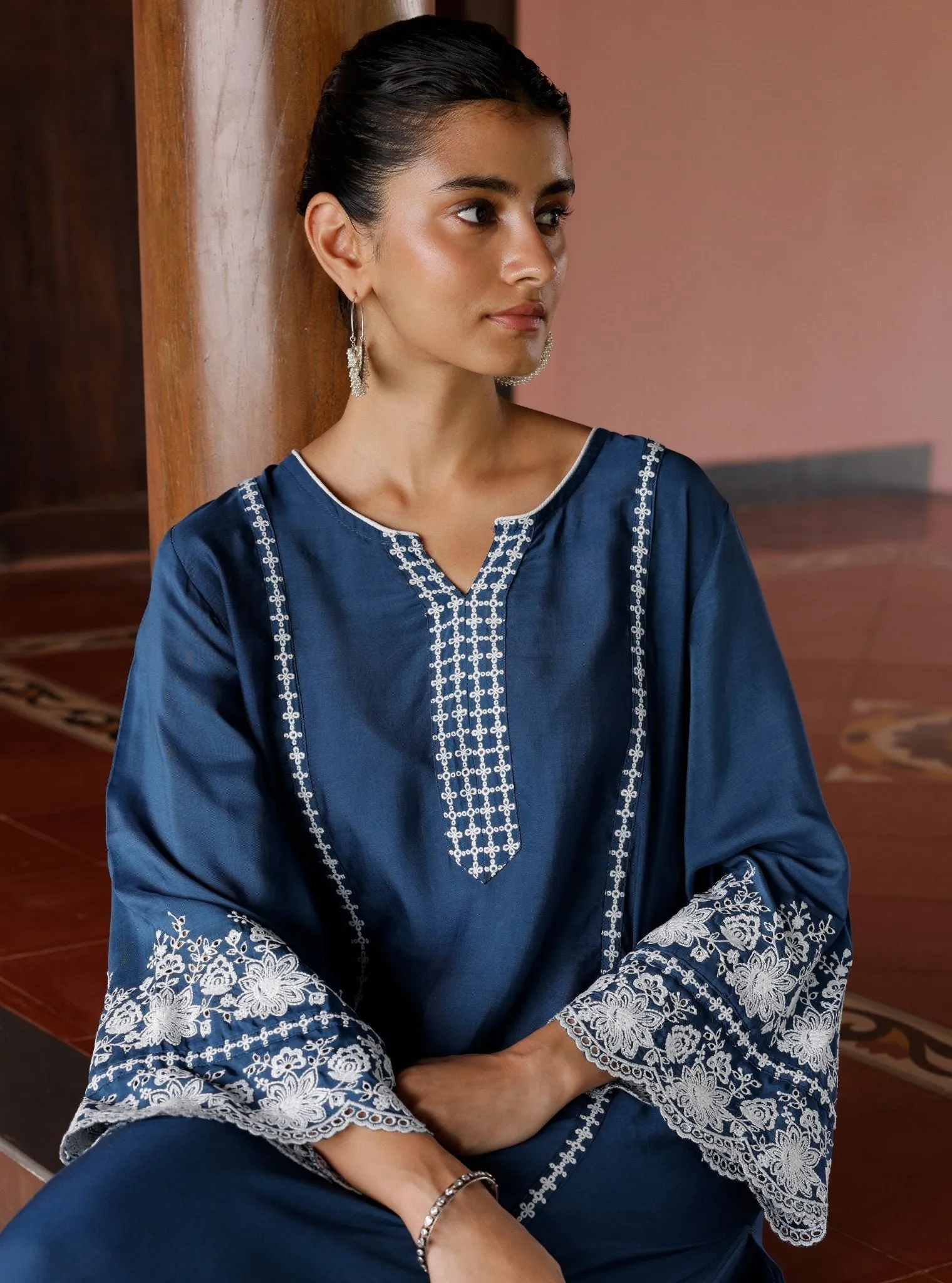 Mulmul Lawn Mandara Navy Kurta With Mulmul Lawn Mandara Navy Pant