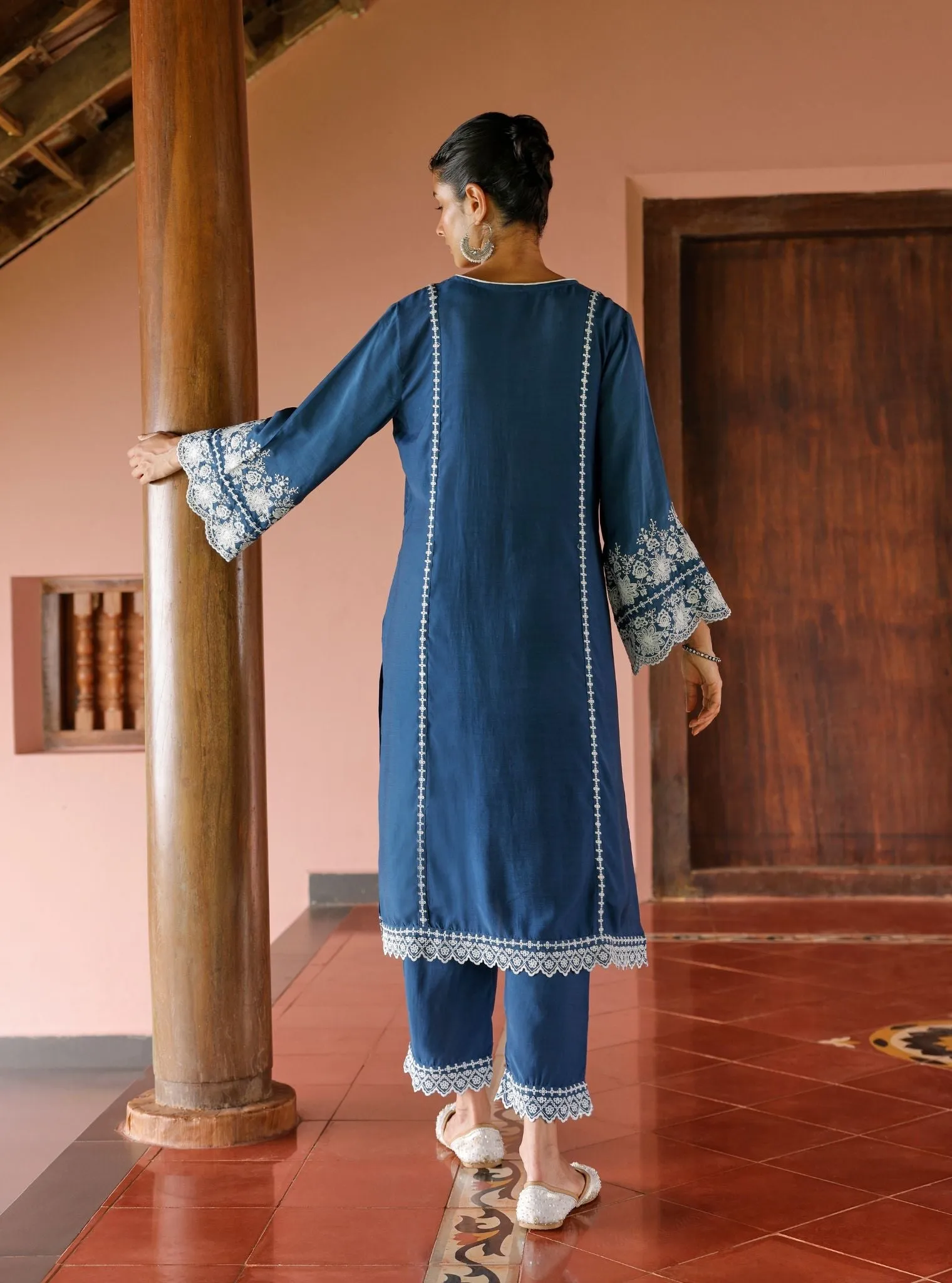 Mulmul Lawn Mandara Navy Kurta With Mulmul Lawn Mandara Navy Pant