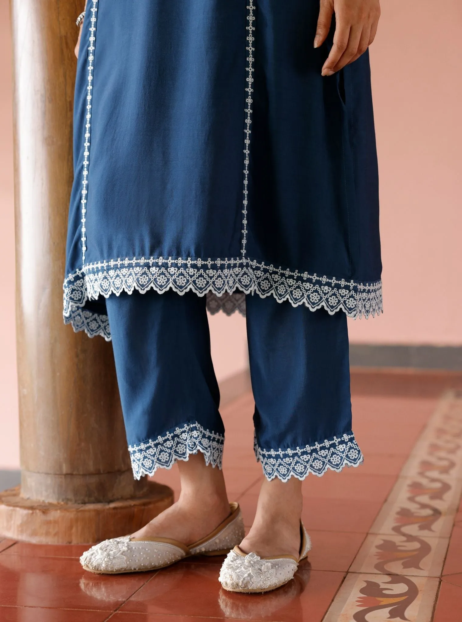 Mulmul Lawn Mandara Navy Kurta With Mulmul Lawn Mandara Navy Pant