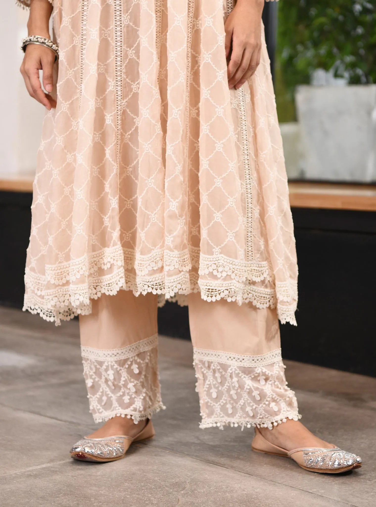 Mulmul Organza Anarkali Dori Beige Kurta With Mulmul Cotton Dori Beige Pant