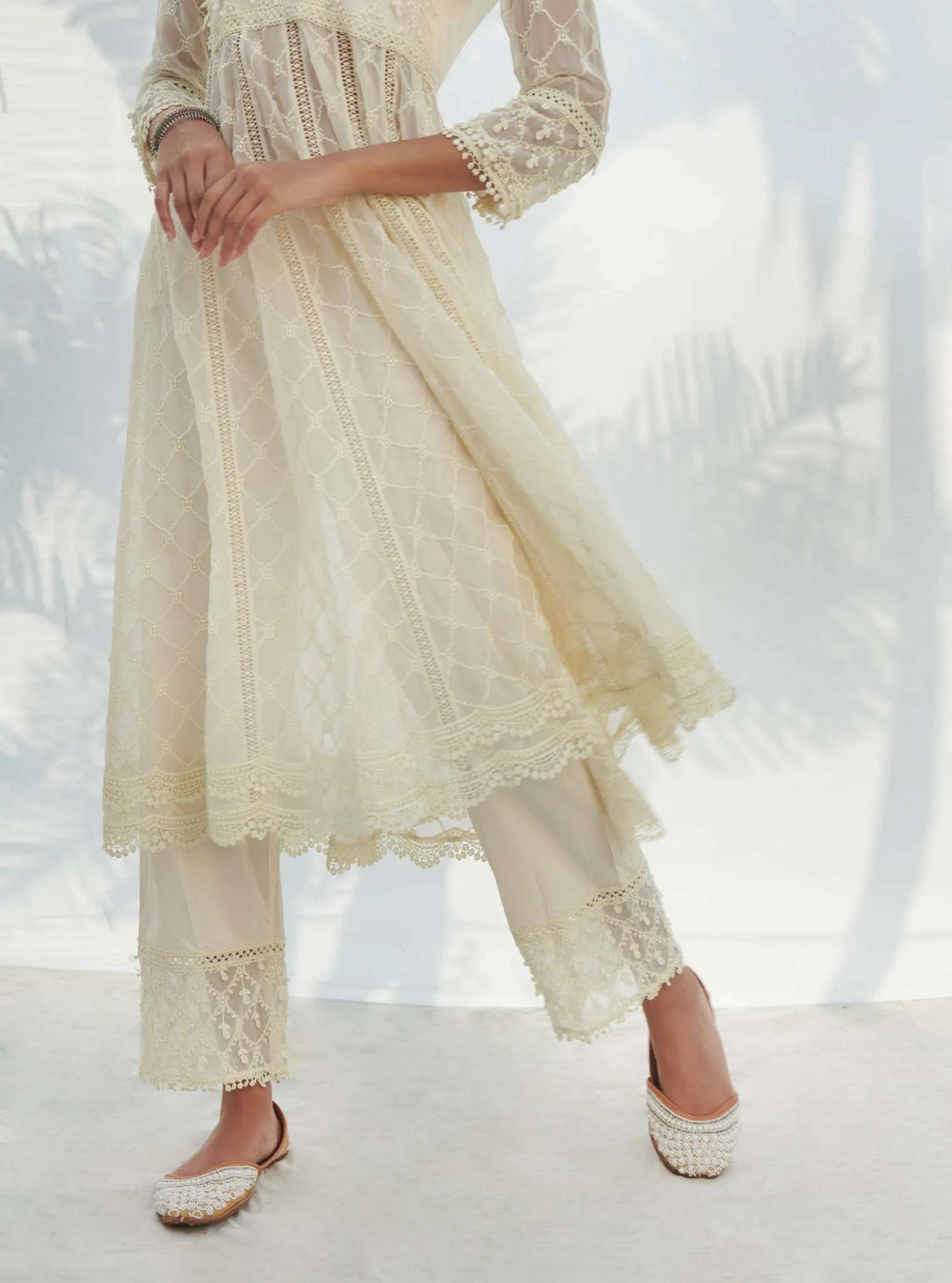 Mulmul Organza Anarkali Dori White Kurta With Mulmul Cotton Dori White Pant